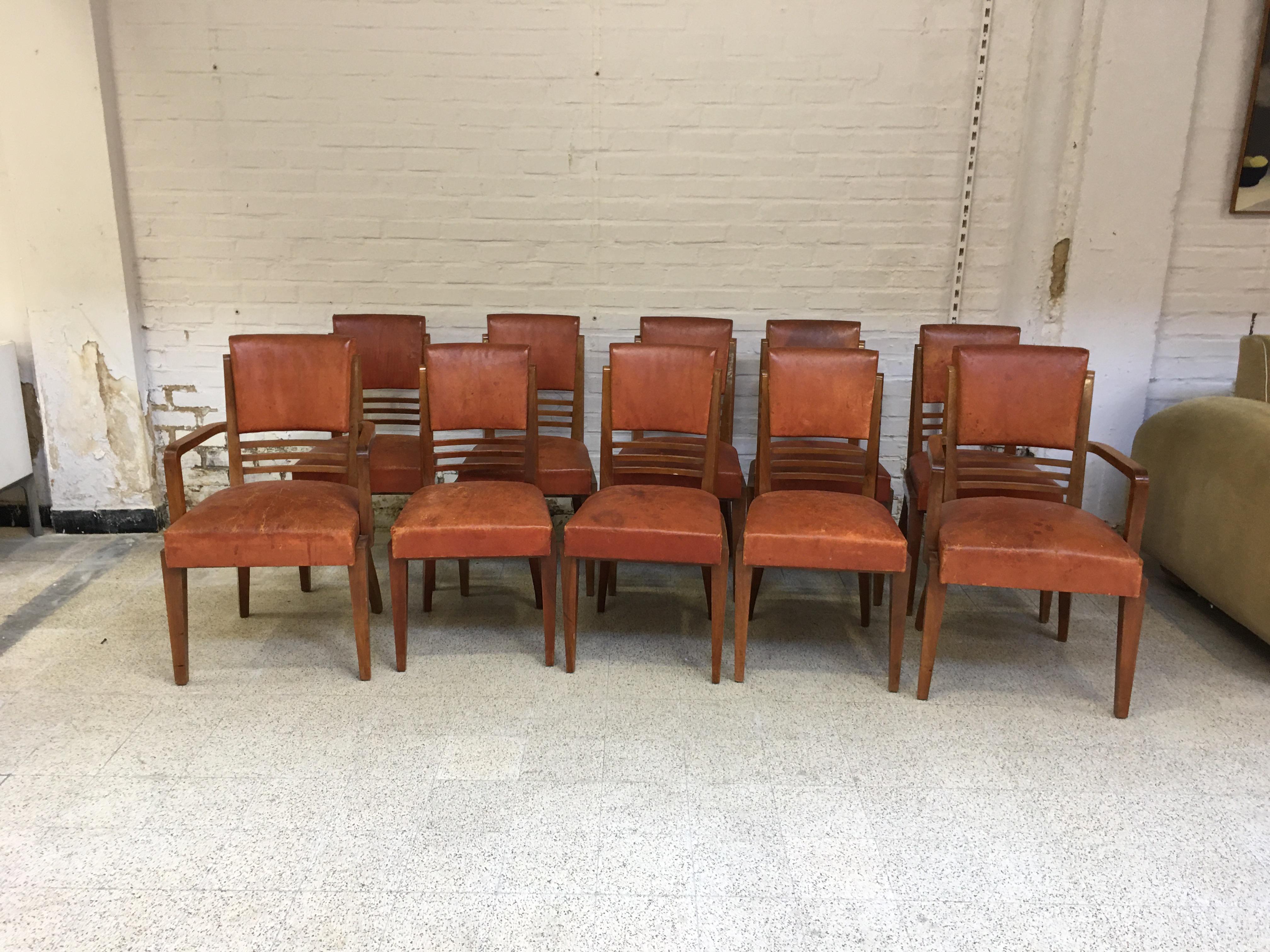 Rare Suite of 8 Art Deco Chairs and 2 walnut and Leather Armchairs i For Sale 3