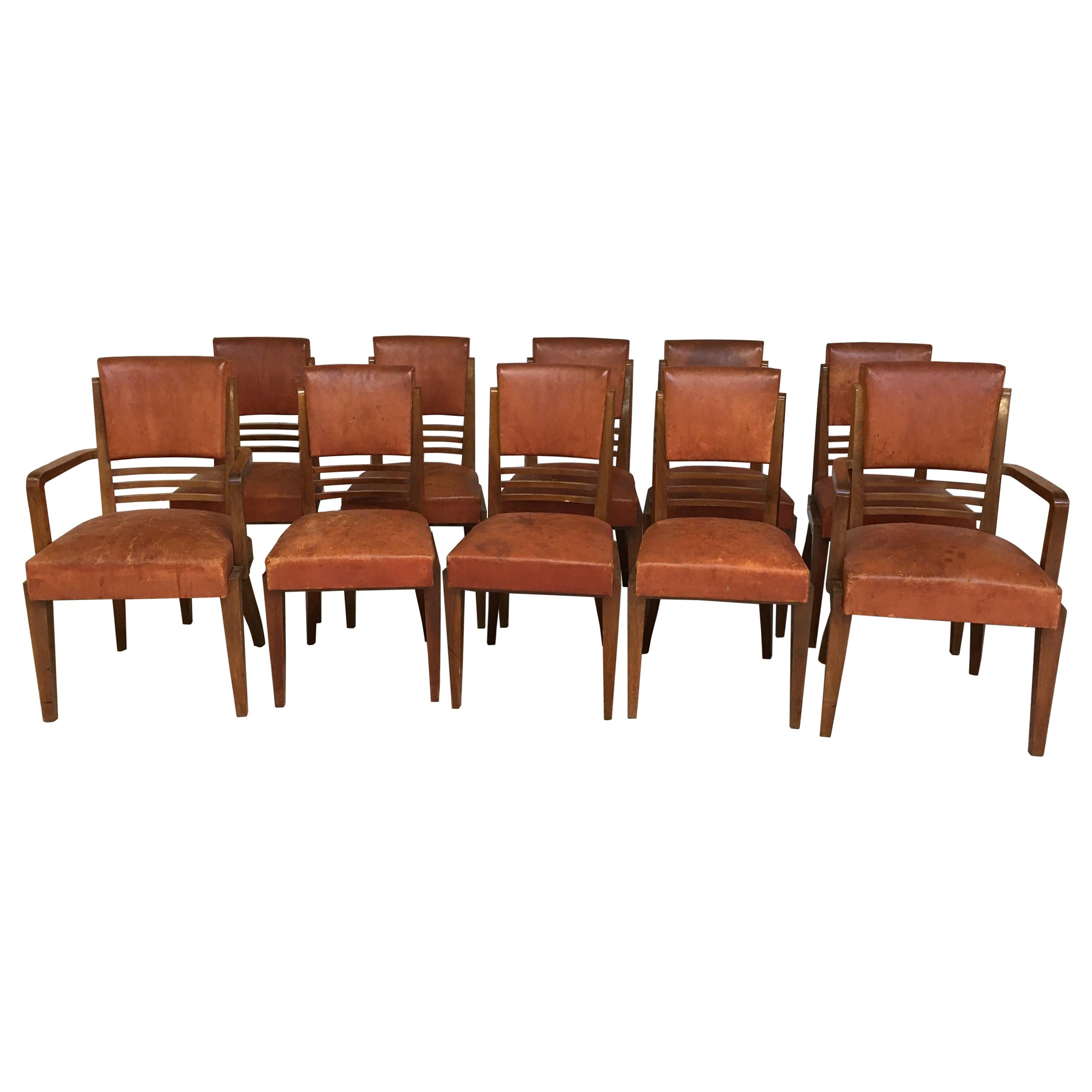 Rare Suite of 8 Art Deco Chairs and 2 walnut and Leather Armchairs i For Sale