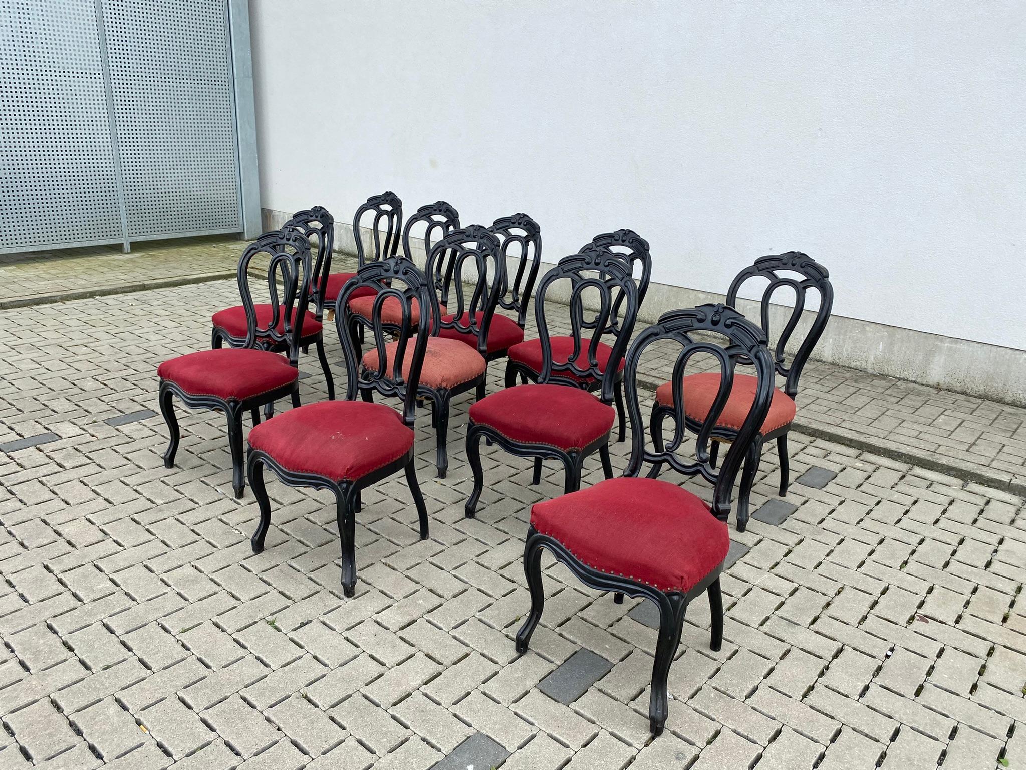 French Rare Suite of 9 Napoleon III Period Chairs in Blackened Beech For Sale