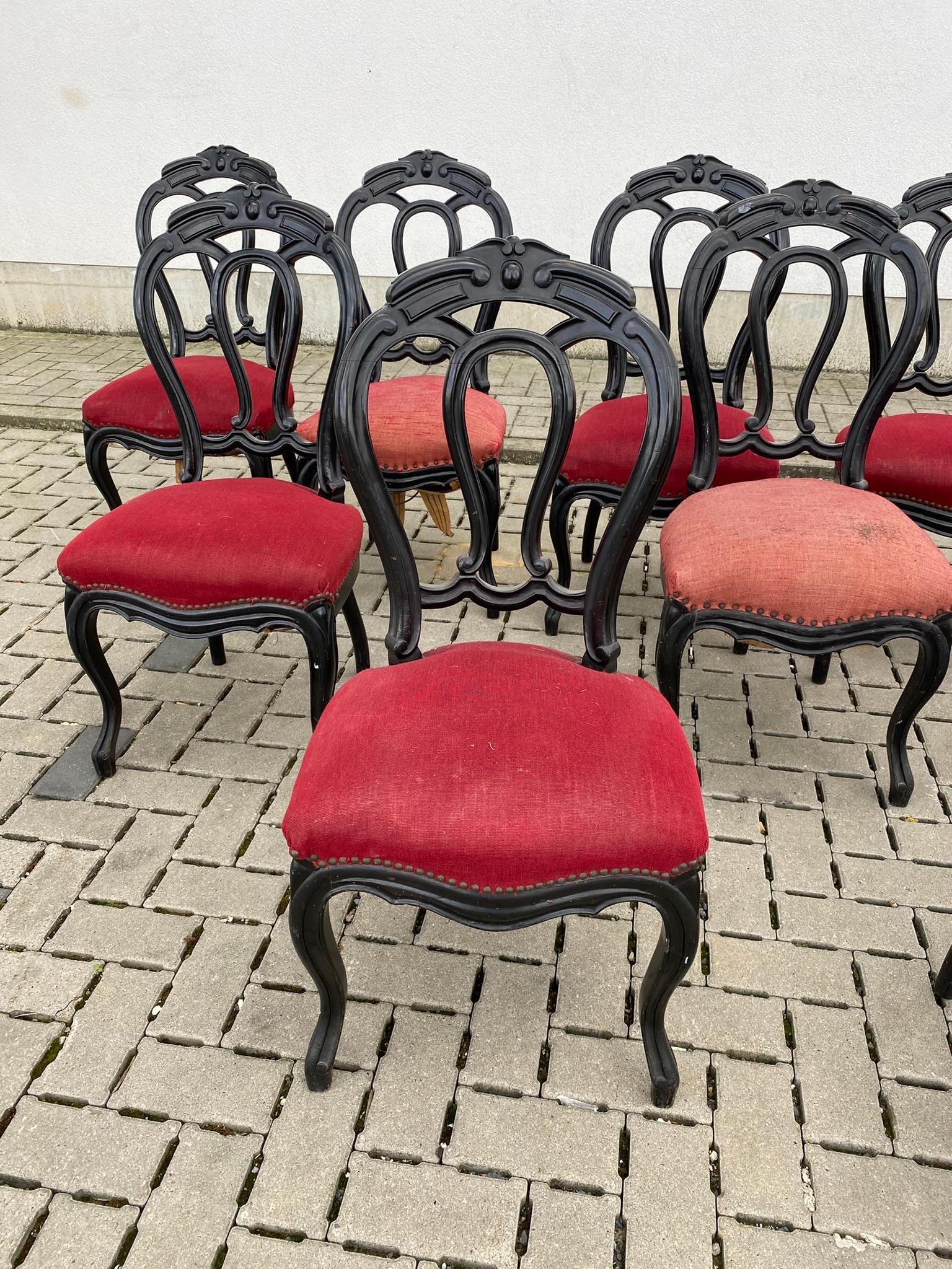 Ébénisé Rare ensemble de 9 chaises d'époque Napoléon III en hêtre noirci en vente