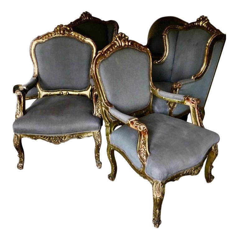 Suite of Four Gilt Wood Venetian Armchairs, Italy, End of the 19th Century For Sale