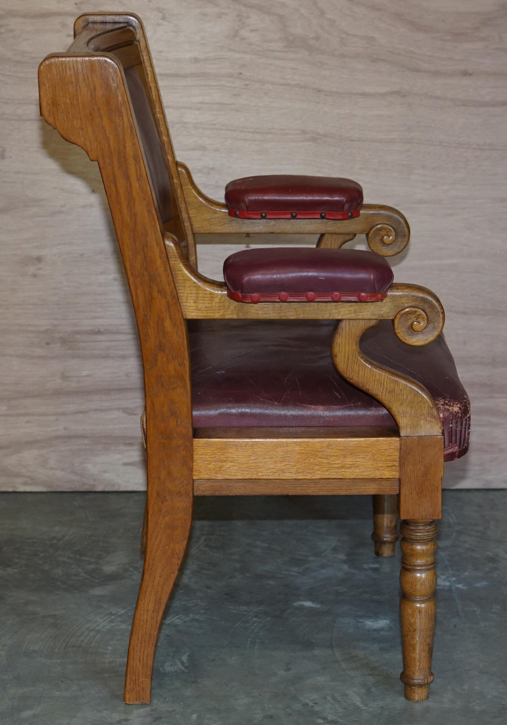 Rare Suite of Six Very Large Original Leather Golden Oak Freemason's Armchairs For Sale 5