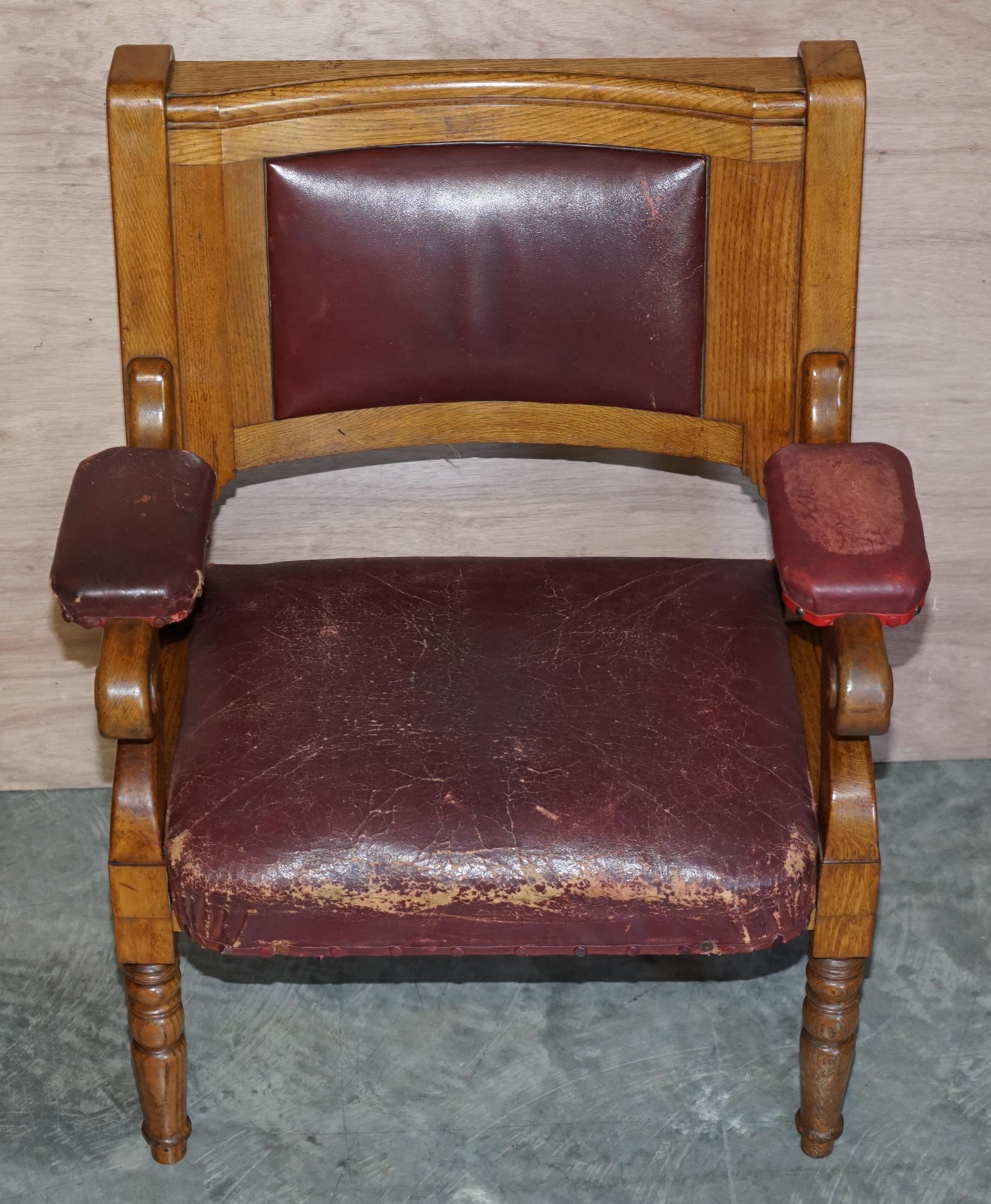 Rare Suite of Six Very Large Original Leather Golden Oak Freemason's Armchairs For Sale 8