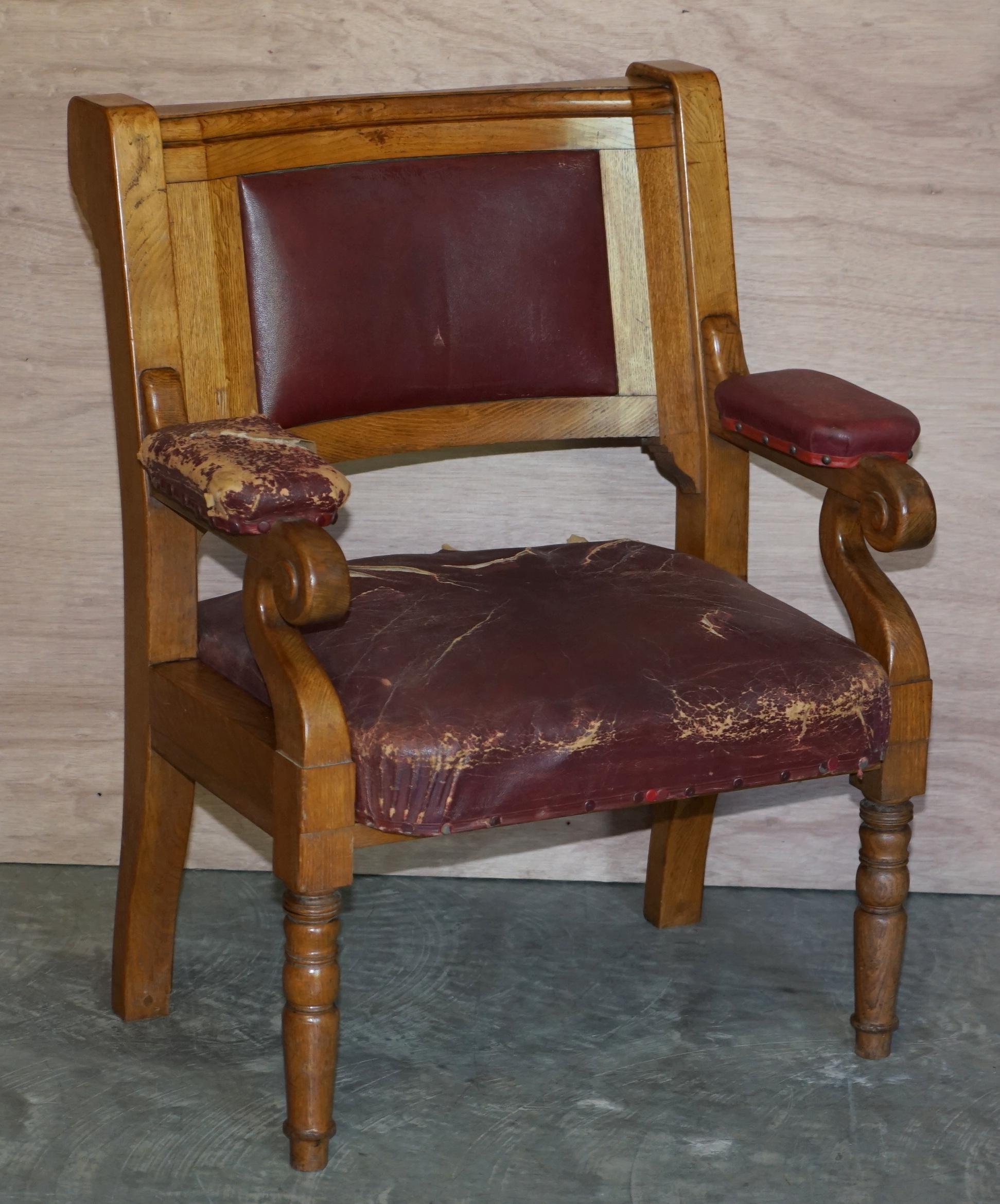 Rare Suite of Six Very Large Original Leather Golden Oak Freemason's Armchairs For Sale 11