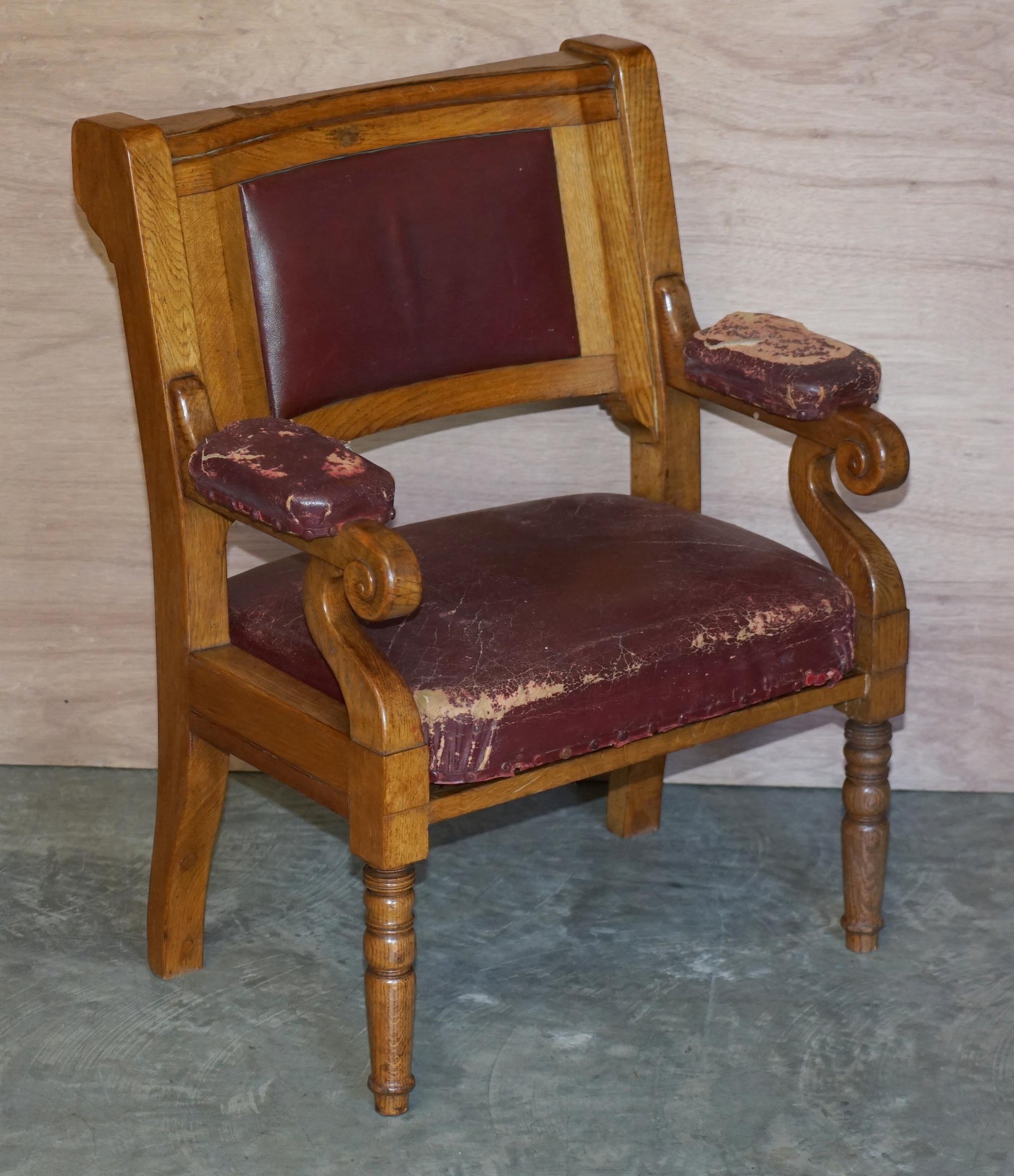 Rare Suite of Six Very Large Original Leather Golden Oak Freemason's Armchairs For Sale 13