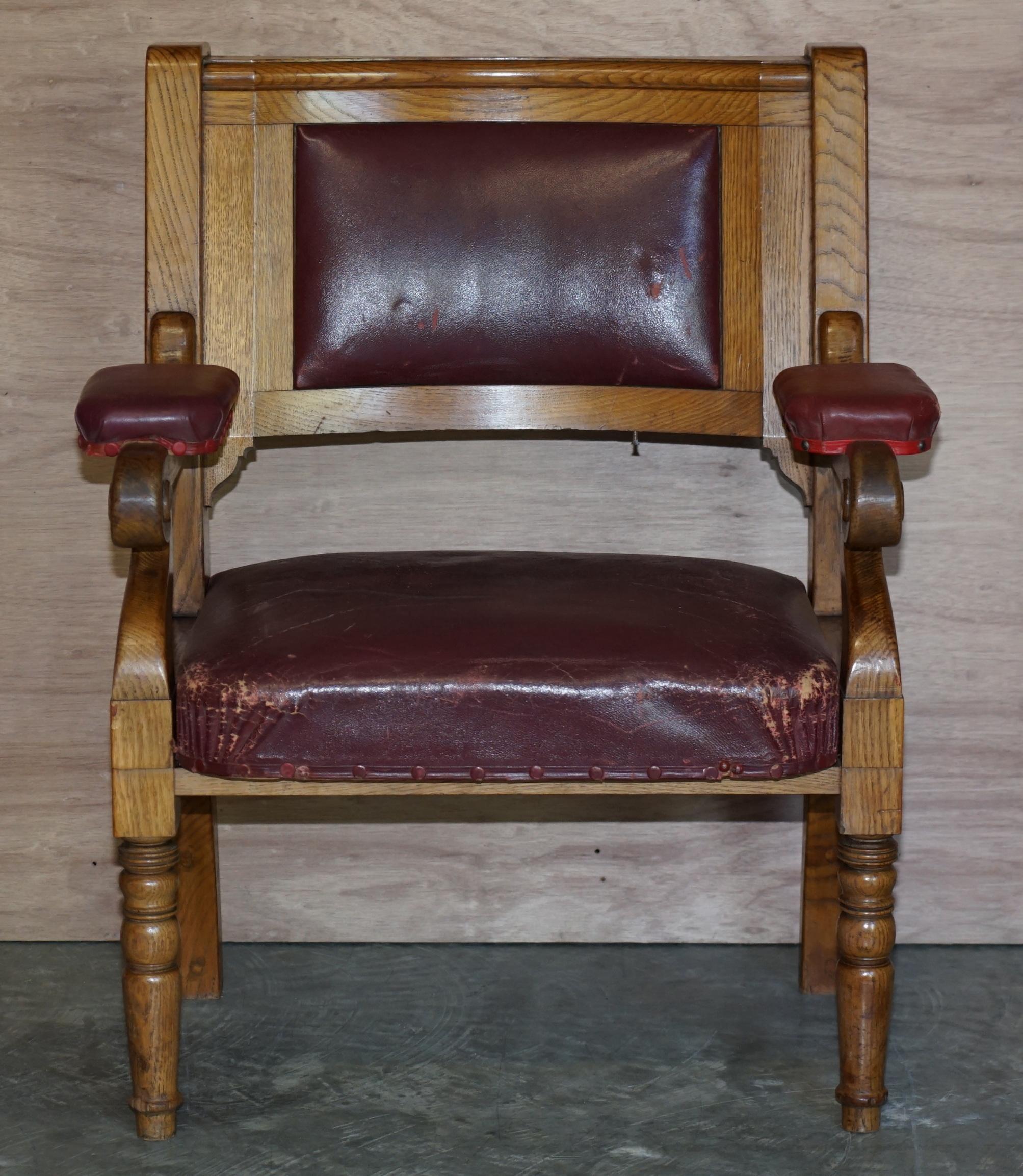 Victorian Rare Suite of Six Very Large Original Leather Golden Oak Freemason's Armchairs For Sale