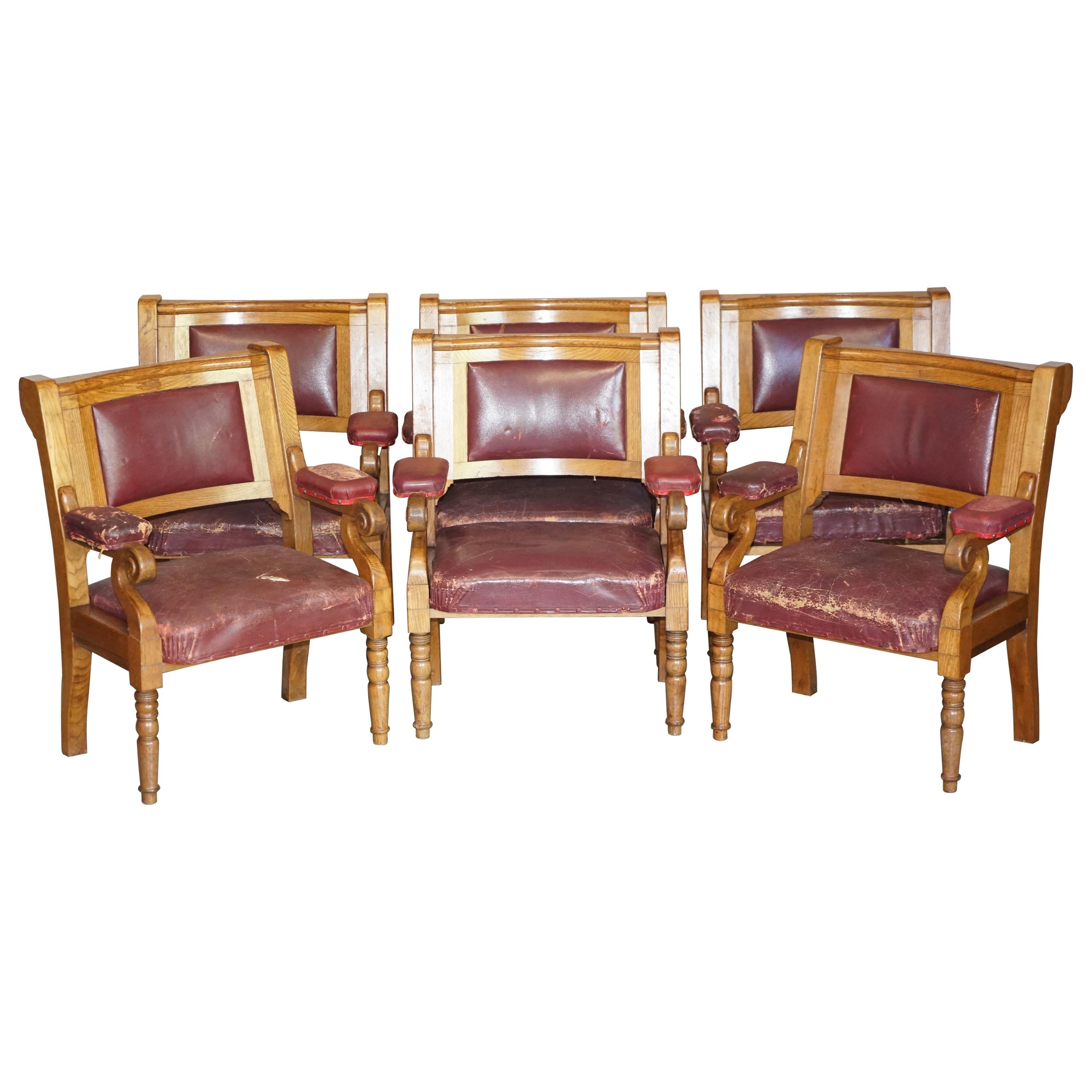 Rare Suite of Six Very Large Original Leather Golden Oak Freemason's Armchairs