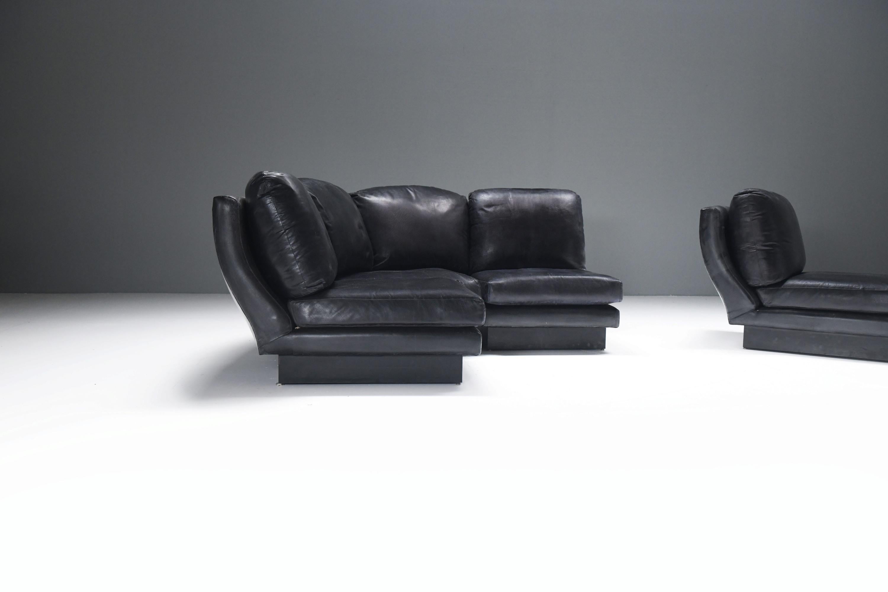 Seltenes modulares Sofa „Super C“ aus schwarzem Original-Leder von Willy Rizzo. Unterschrieben! im Angebot 11
