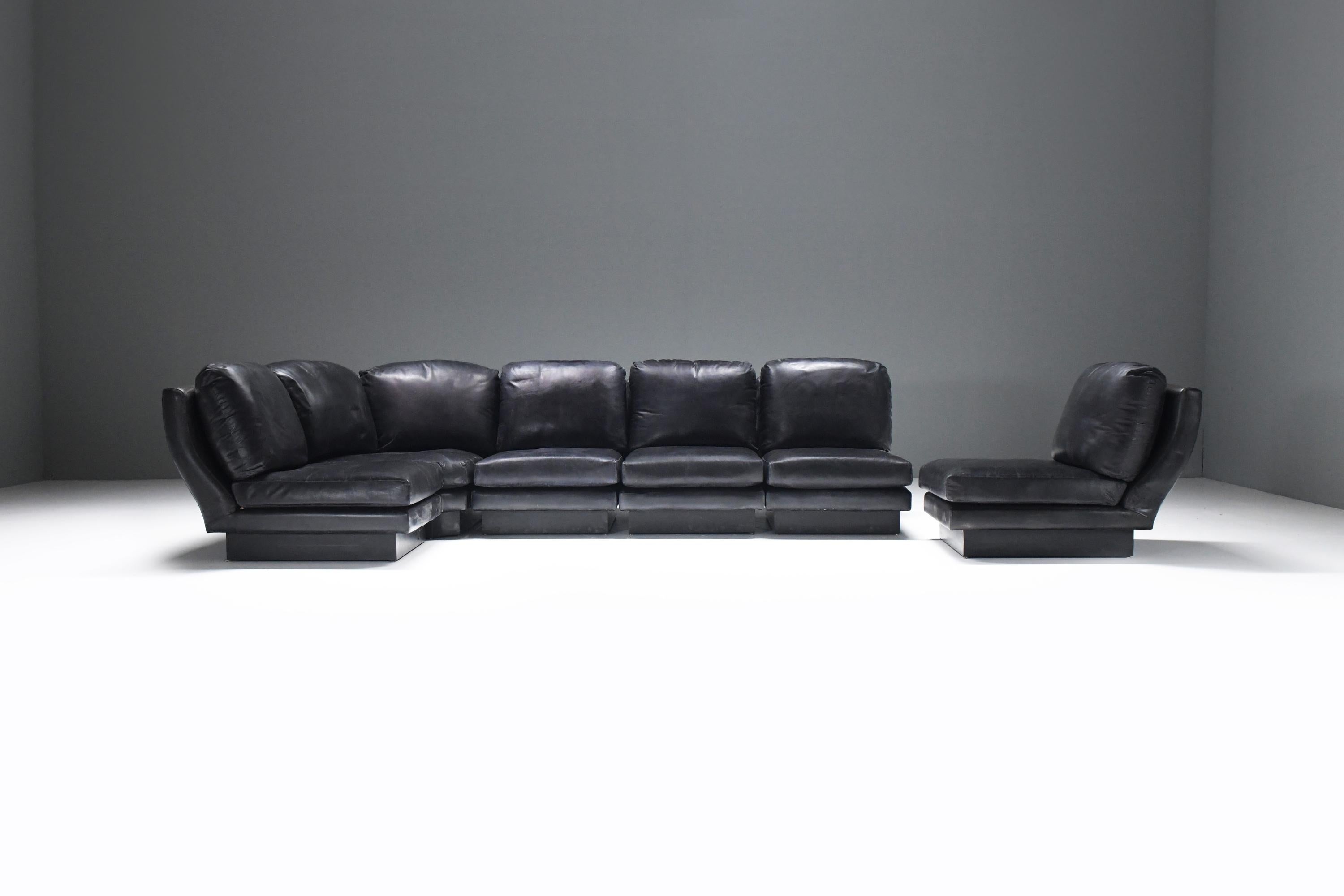 Seltenes modulares Sofa „Super C“ aus schwarzem Original-Leder von Willy Rizzo. Unterschrieben! (Moderne der Mitte des Jahrhunderts) im Angebot