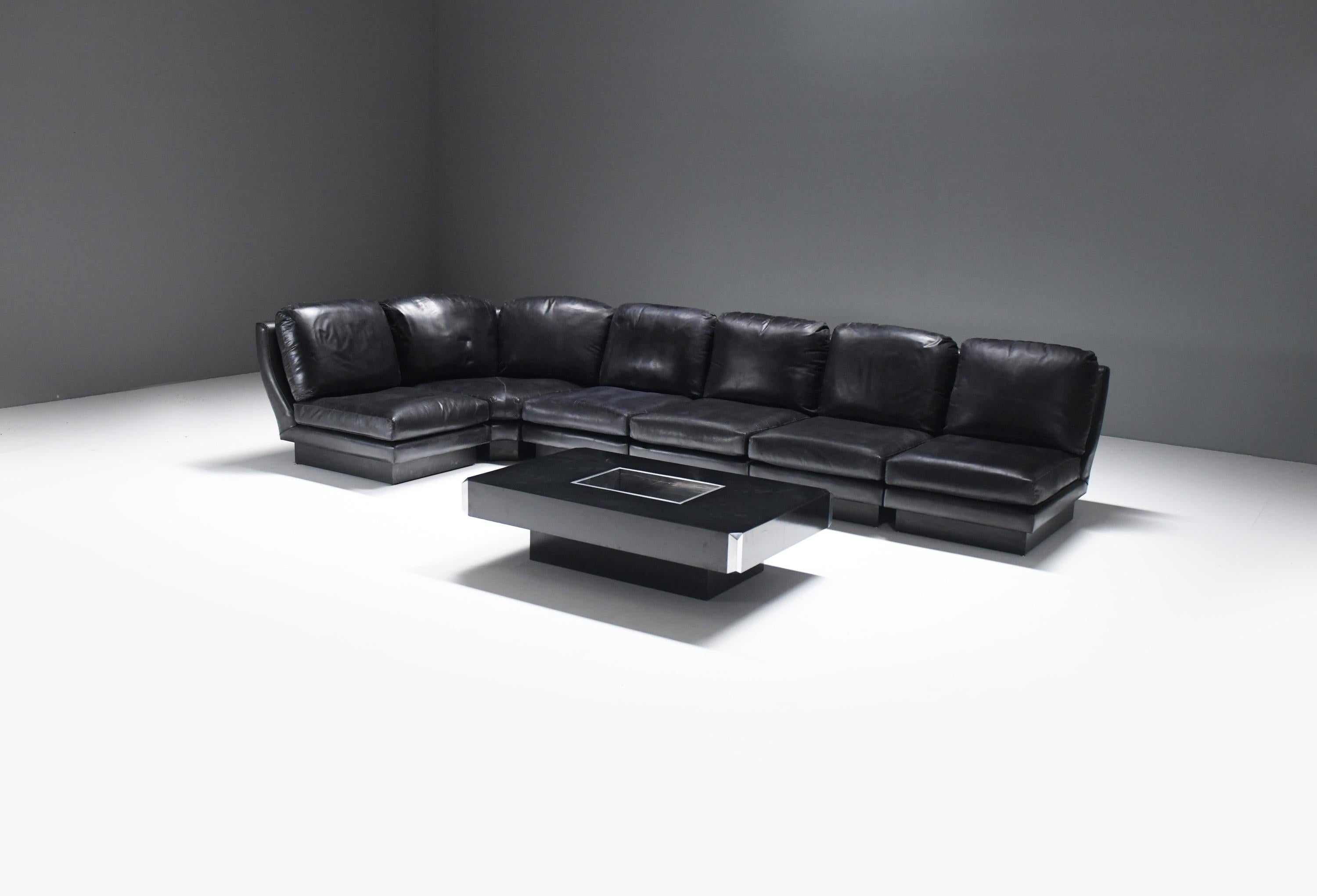 Seltenes modulares Sofa „Super C“ aus schwarzem Original-Leder von Willy Rizzo. Unterschrieben! im Angebot 1