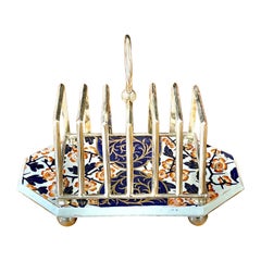 Raro y Magnífico Tostador/Cartelero Antiguo de Chapa de Plata Inglesa y Porcelana Imari