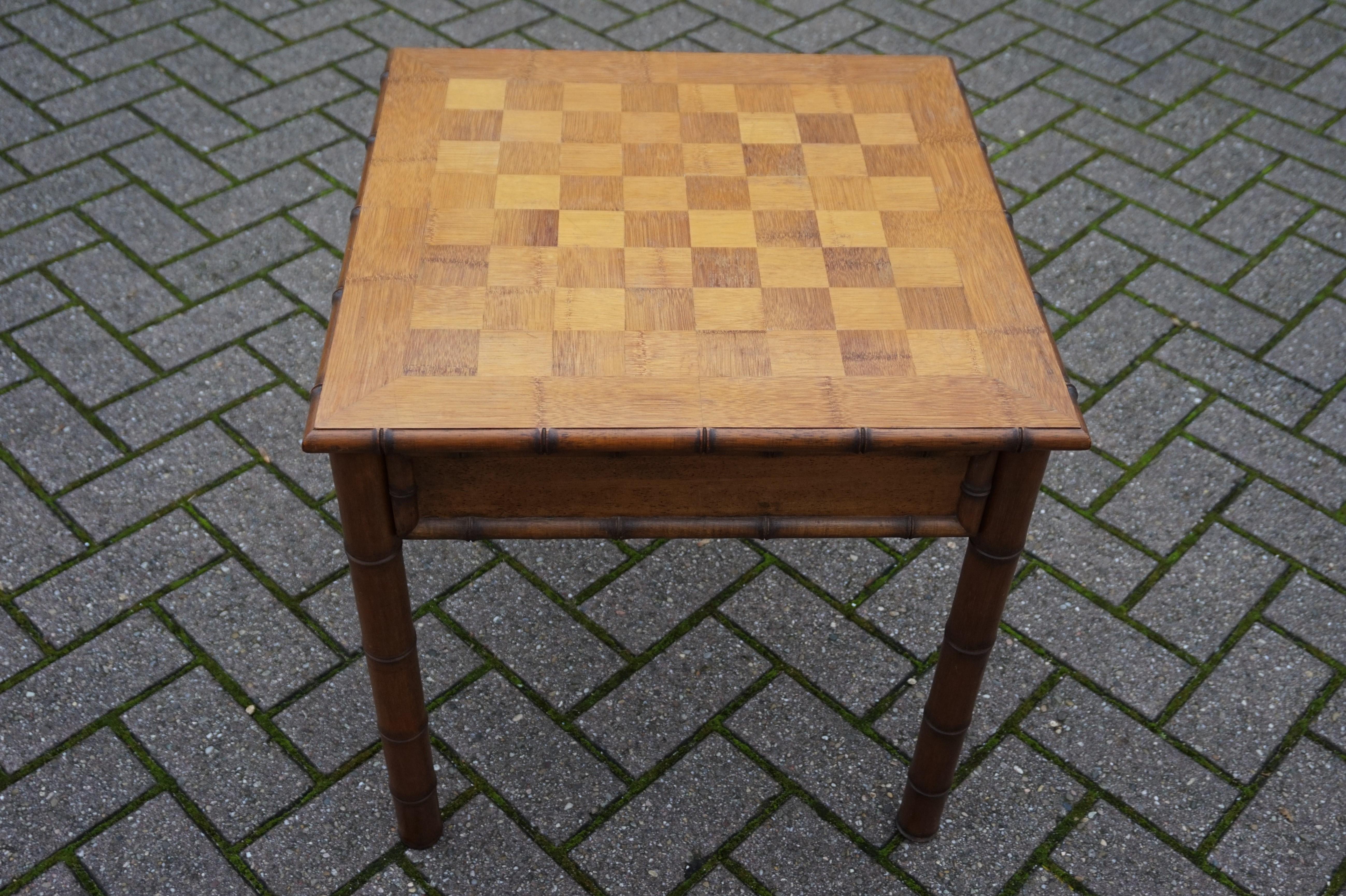 Rare & Superb Condition Midcentury Made Wooden Faux Bamboo Chess Table & Pieces 5
