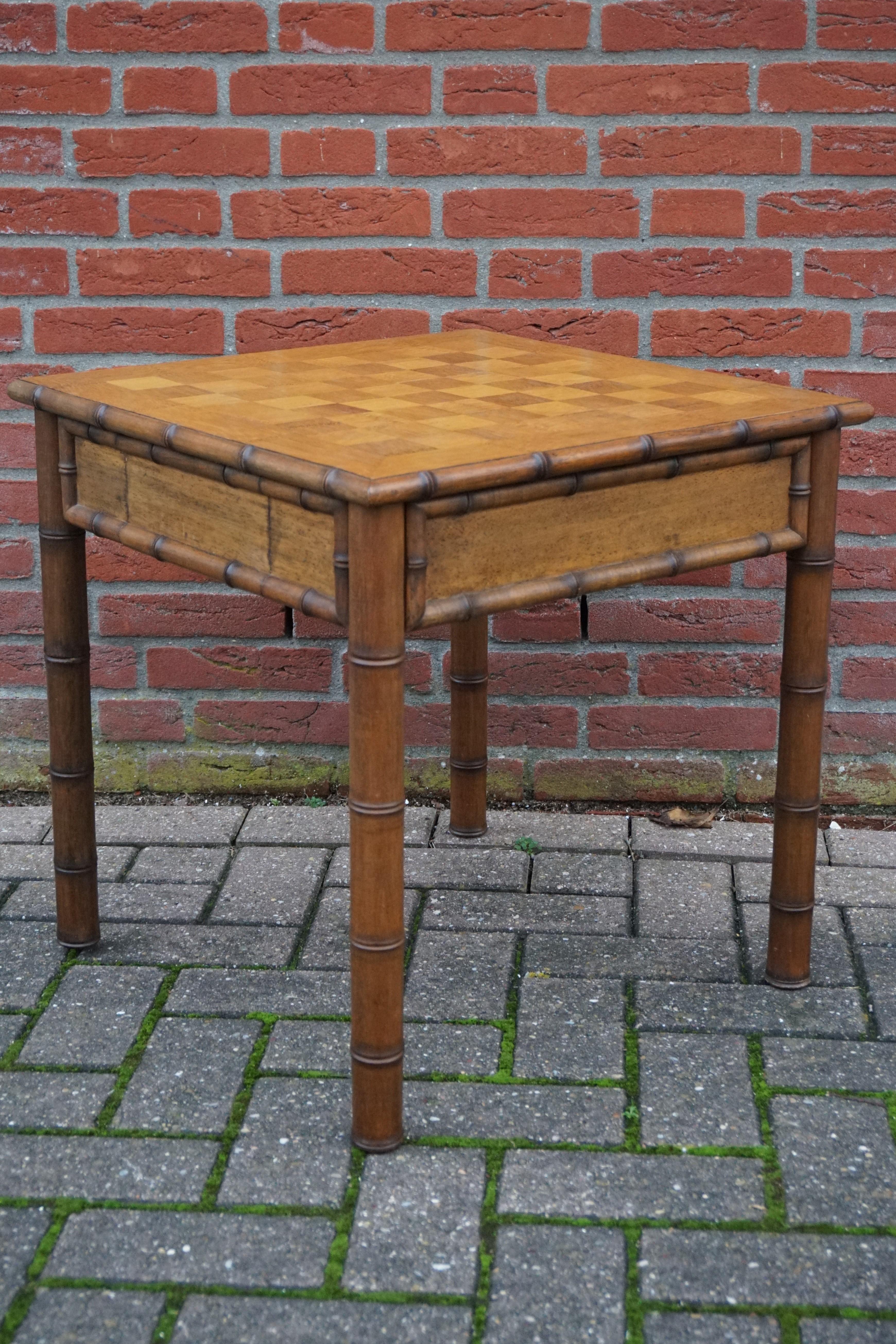 Rare & Superb Condition Midcentury Made Wooden Faux Bamboo Chess Table & Pieces 9