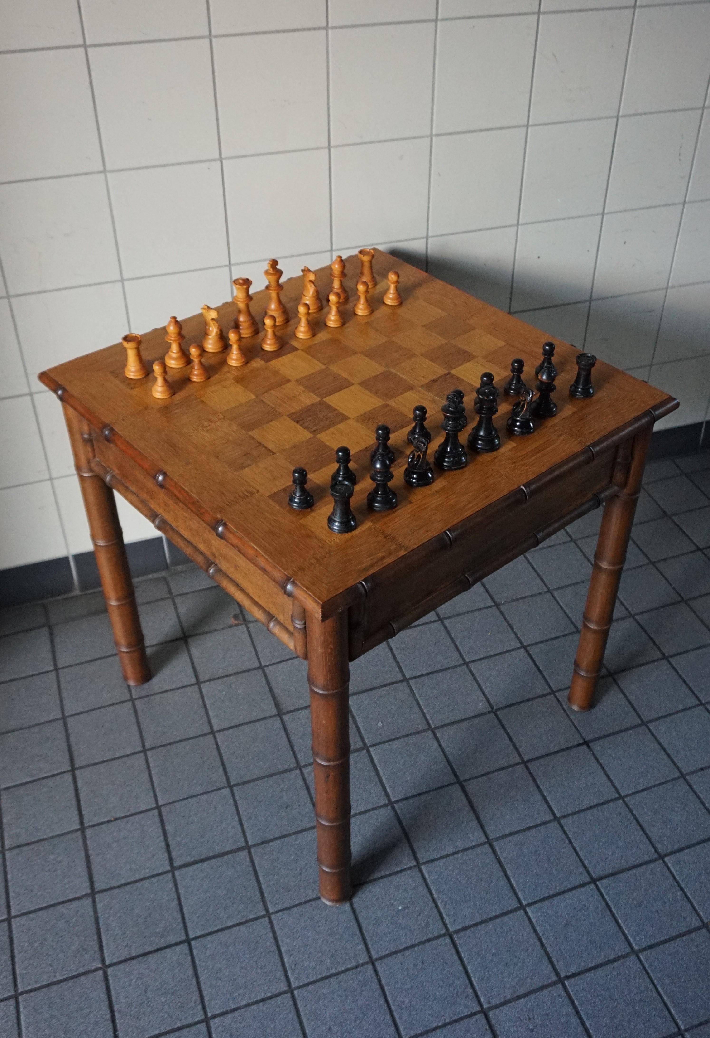 French Rare & Superb Condition Midcentury Made Wooden Faux Bamboo Chess Table & Pieces