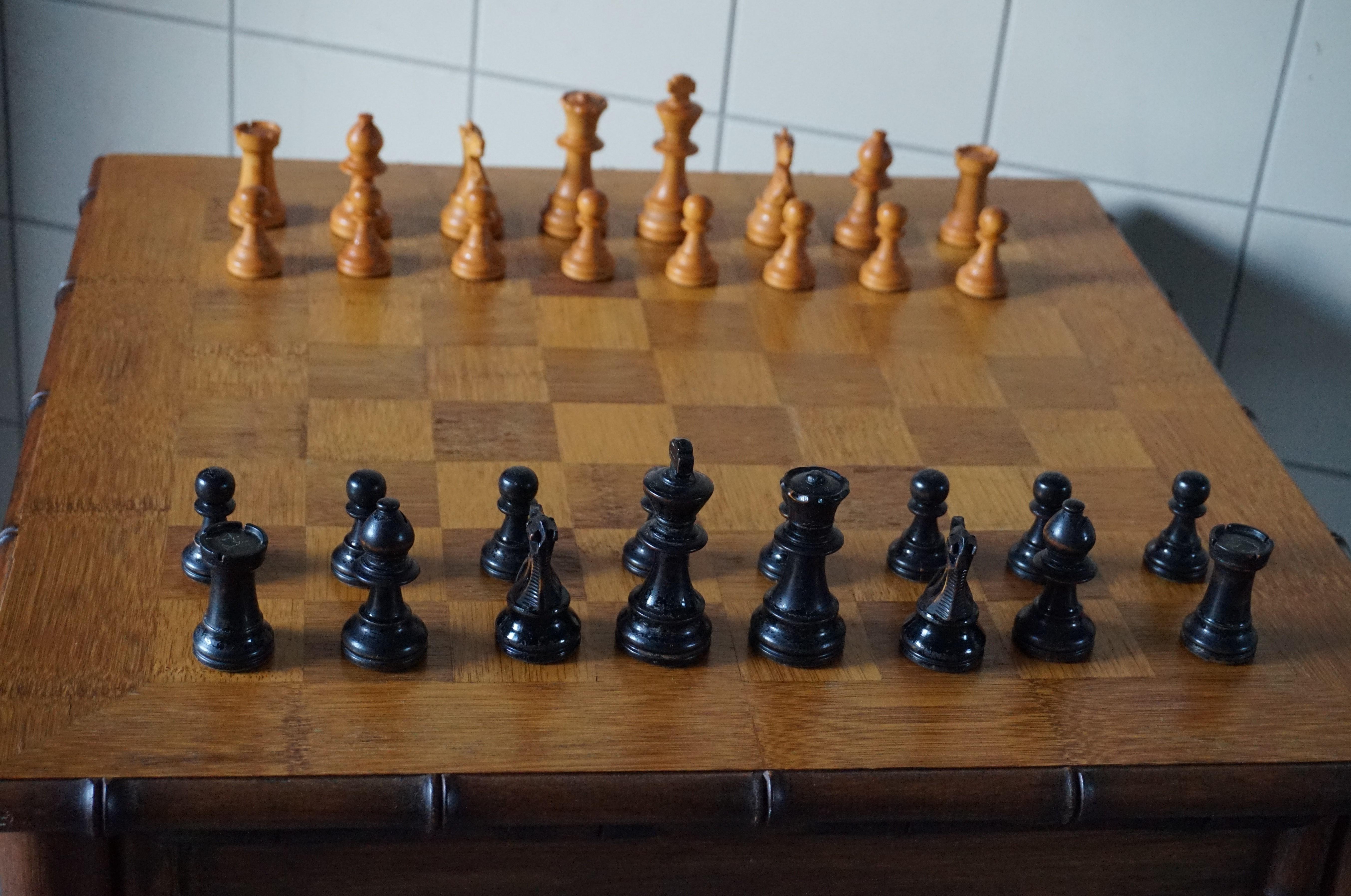 Hand-Crafted Rare & Superb Condition Midcentury Made Wooden Faux Bamboo Chess Table & Pieces