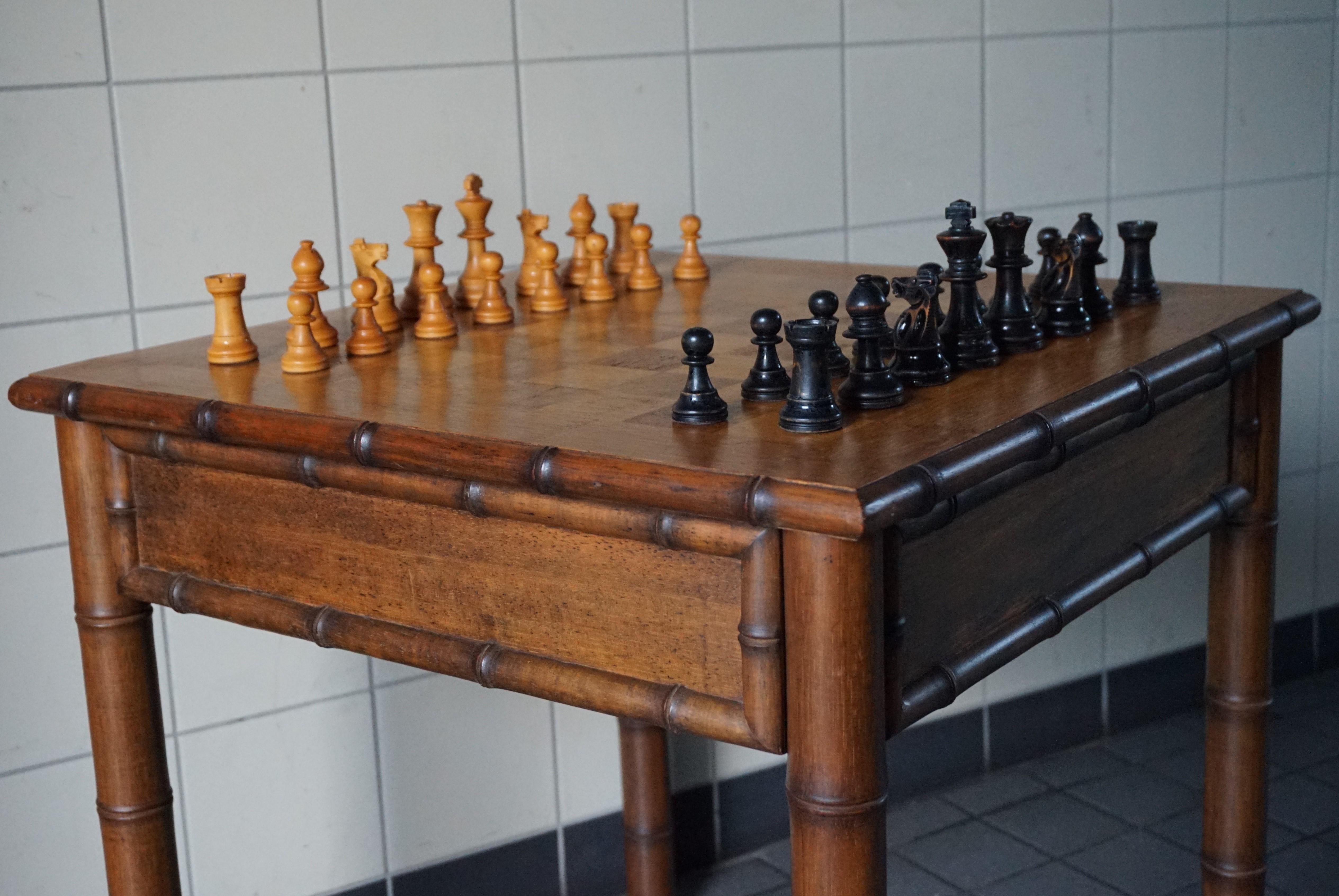 Rare & Superb Condition Midcentury Made Wooden Faux Bamboo Chess Table & Pieces In Excellent Condition In Lisse, NL