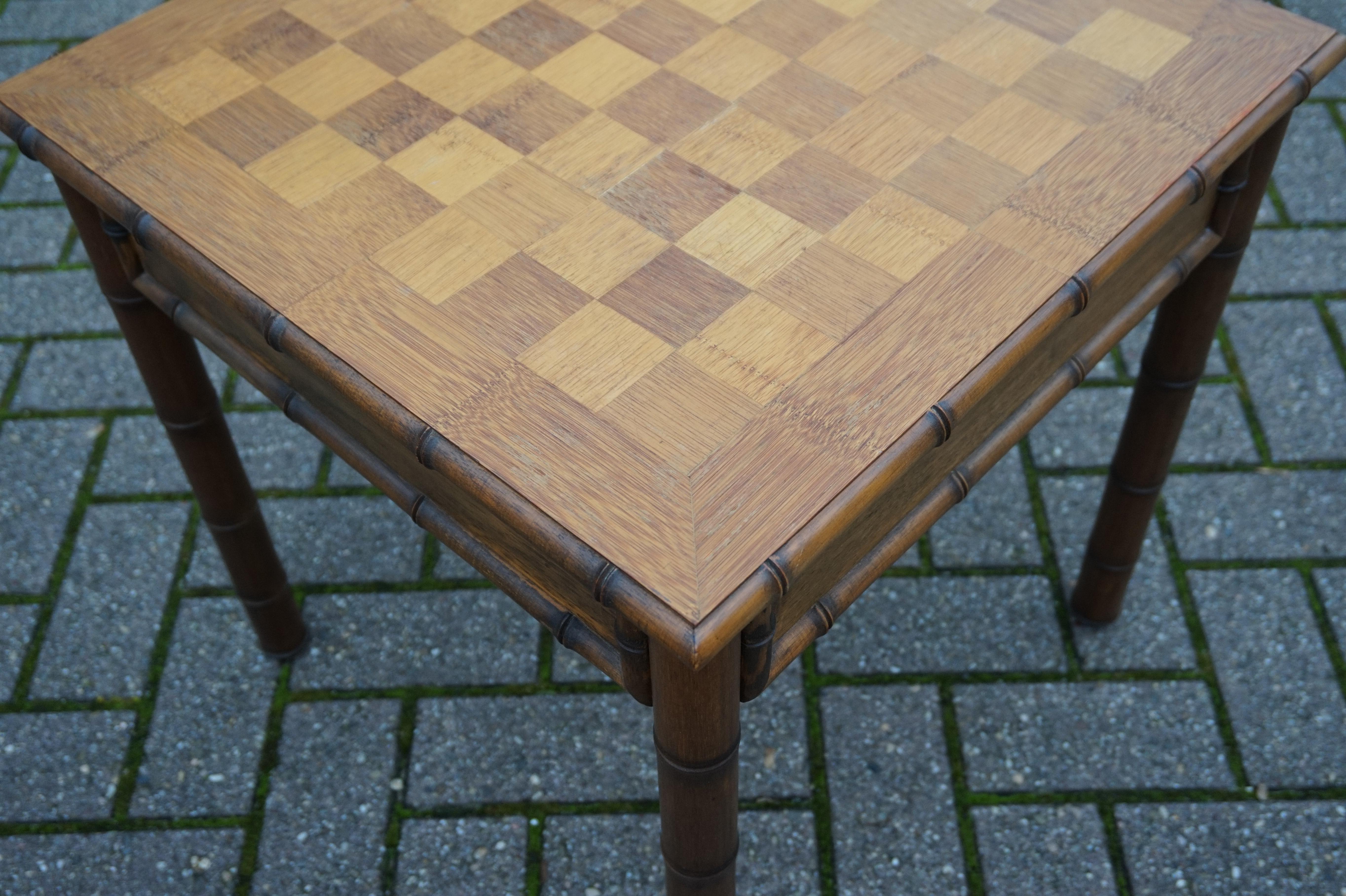 20th Century Rare & Superb Condition Midcentury Made Wooden Faux Bamboo Chess Table & Pieces