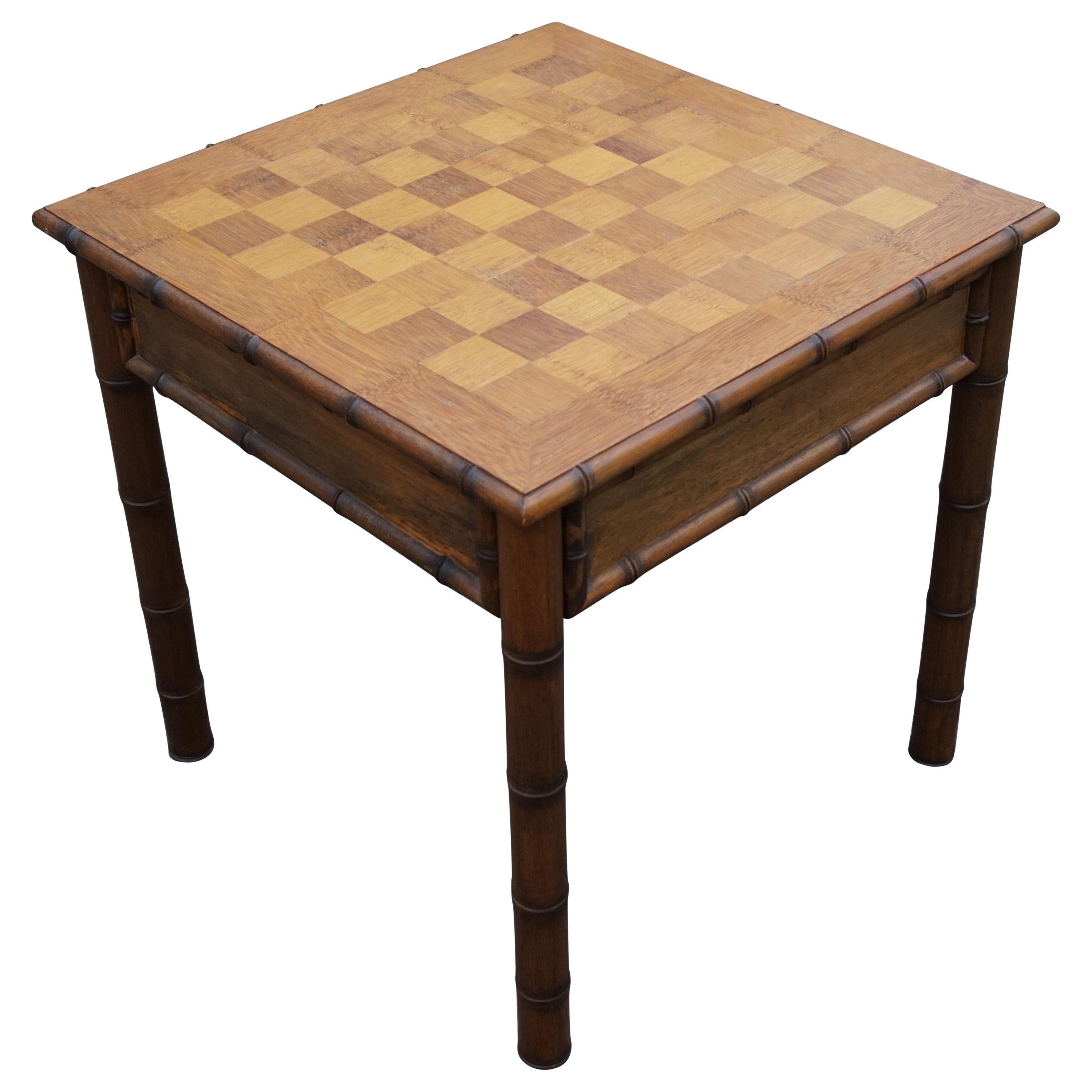 Rare & Superb Condition Midcentury Made Wooden Faux Bamboo Chess Table & Pieces