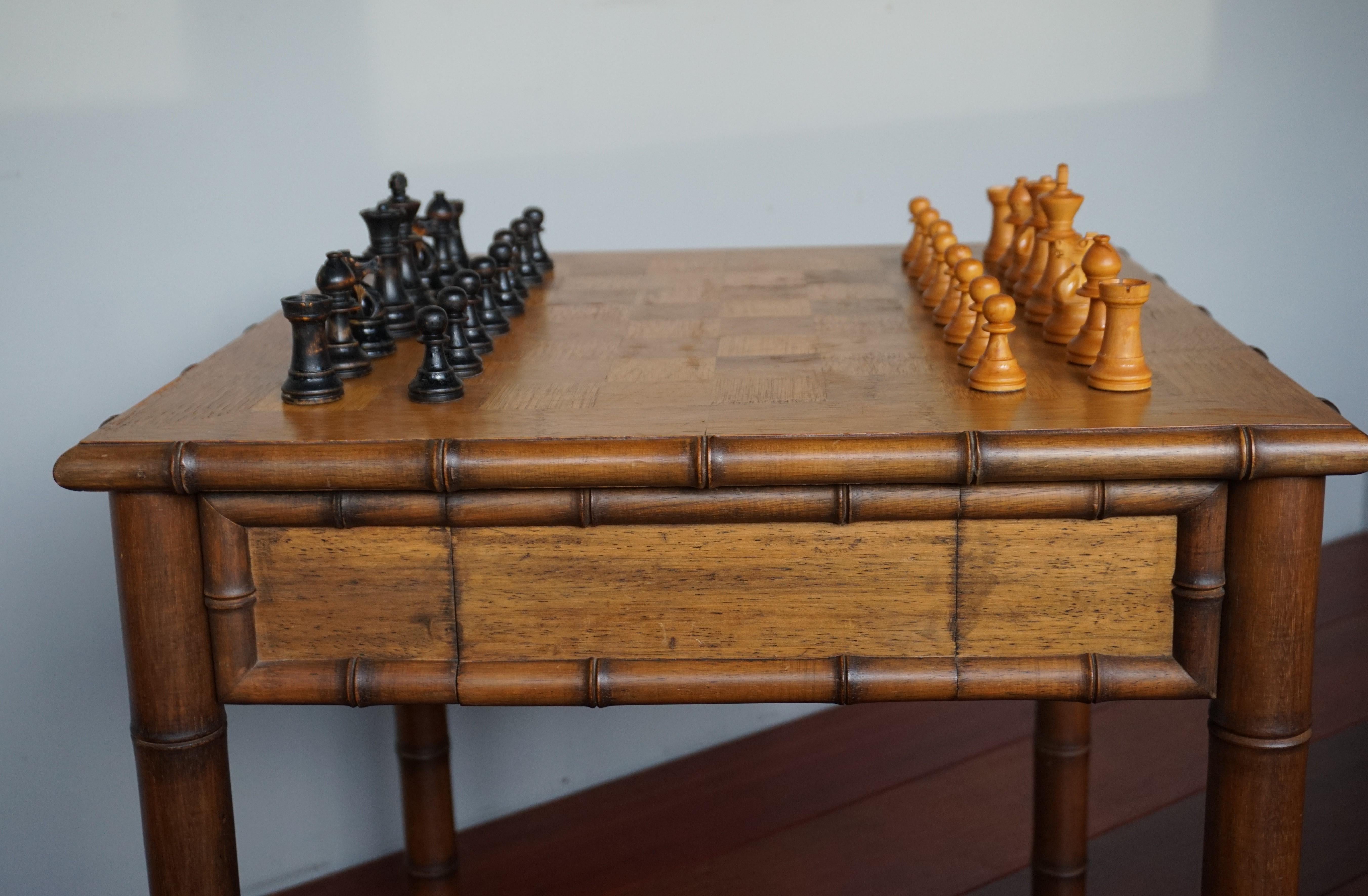 Rare & Superb Condition Midcentury Made Wooden Faux Bamboo Chess Table & Pieces 2
