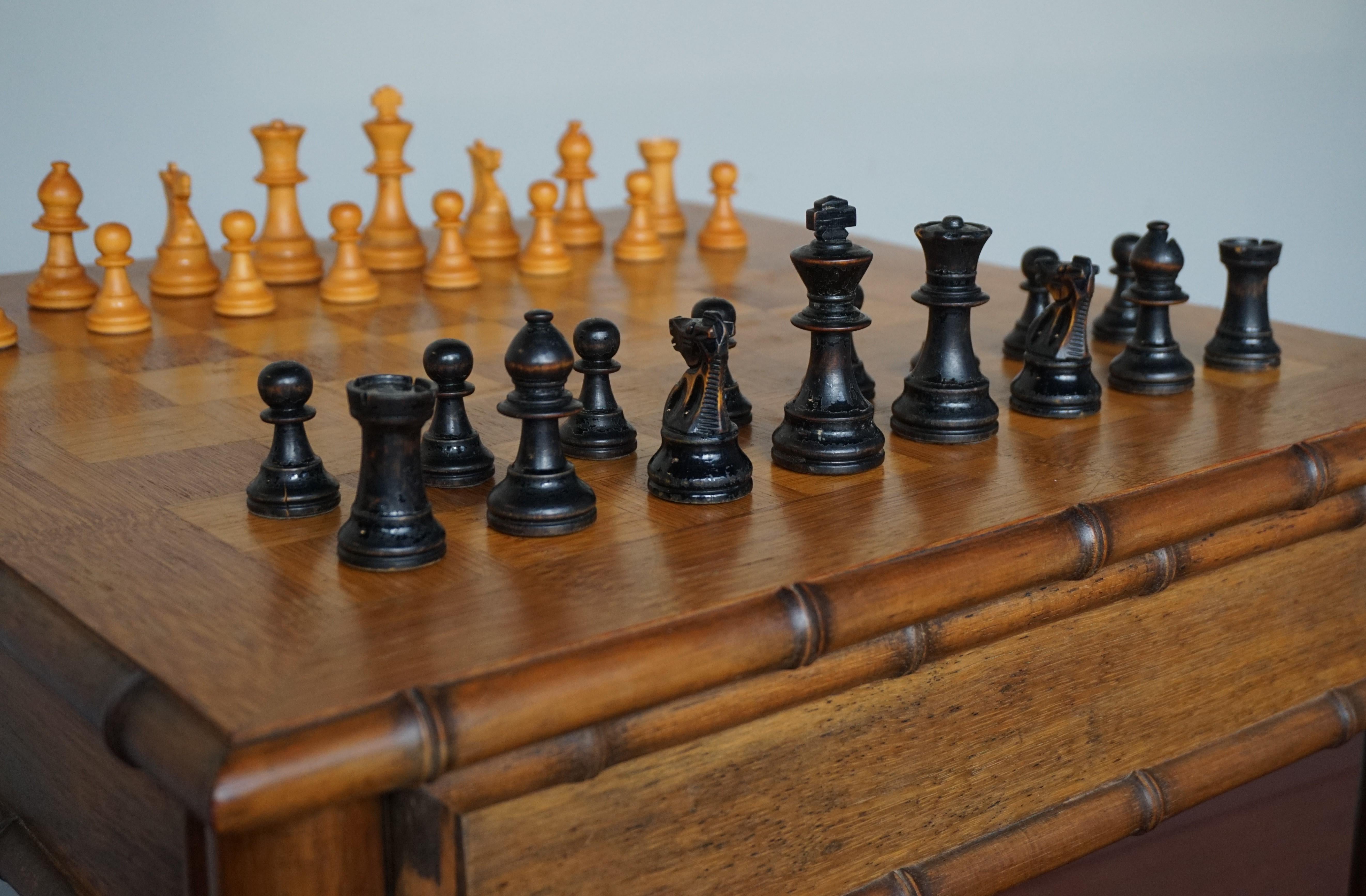 Rare & Superb Condition Midcentury Made Wooden Faux Bamboo Chess Table & Pieces 10