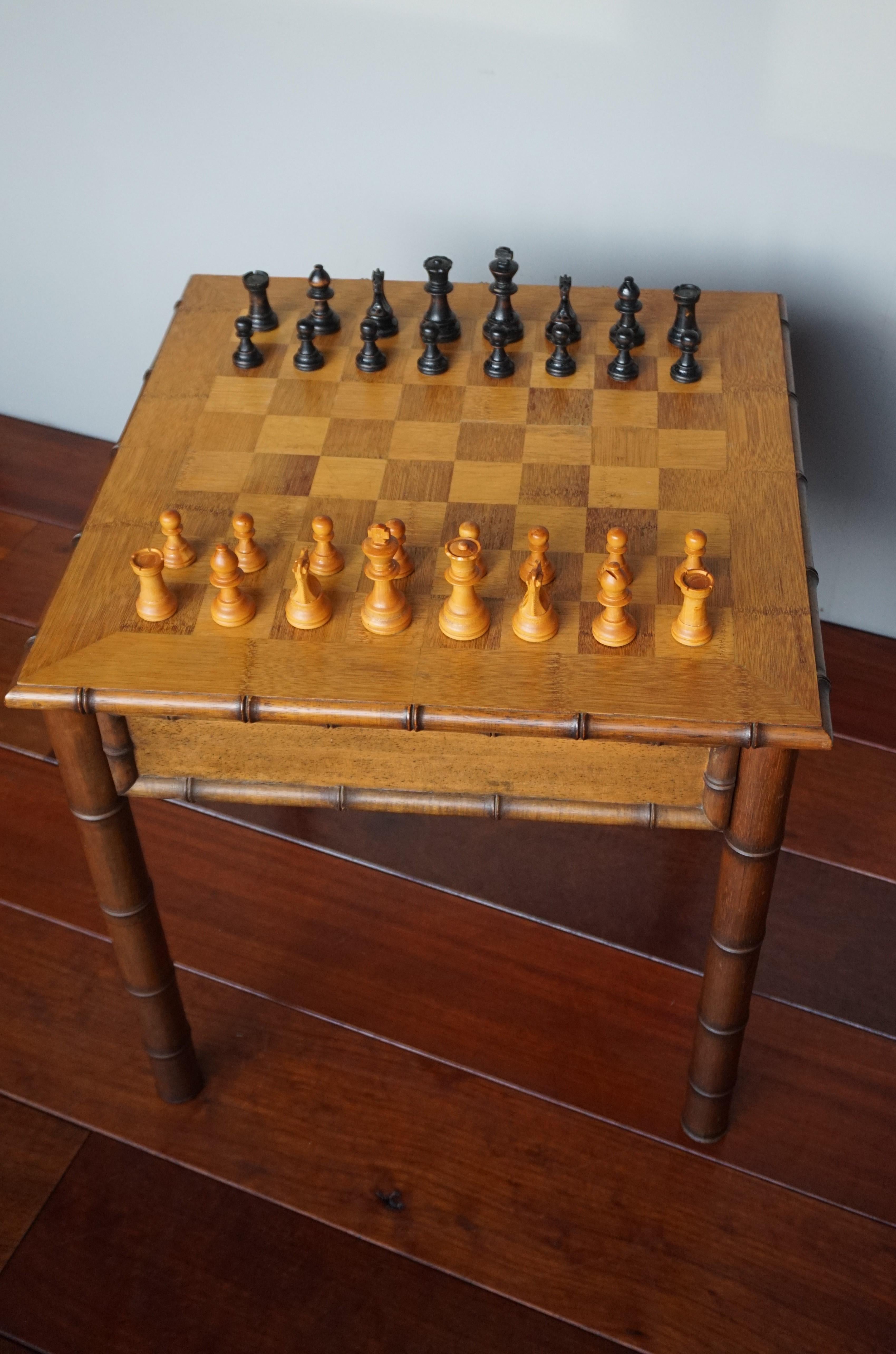 Rare & Superb Condition Midcentury Made Wooden Faux Bamboo Chess Table & Pieces 12