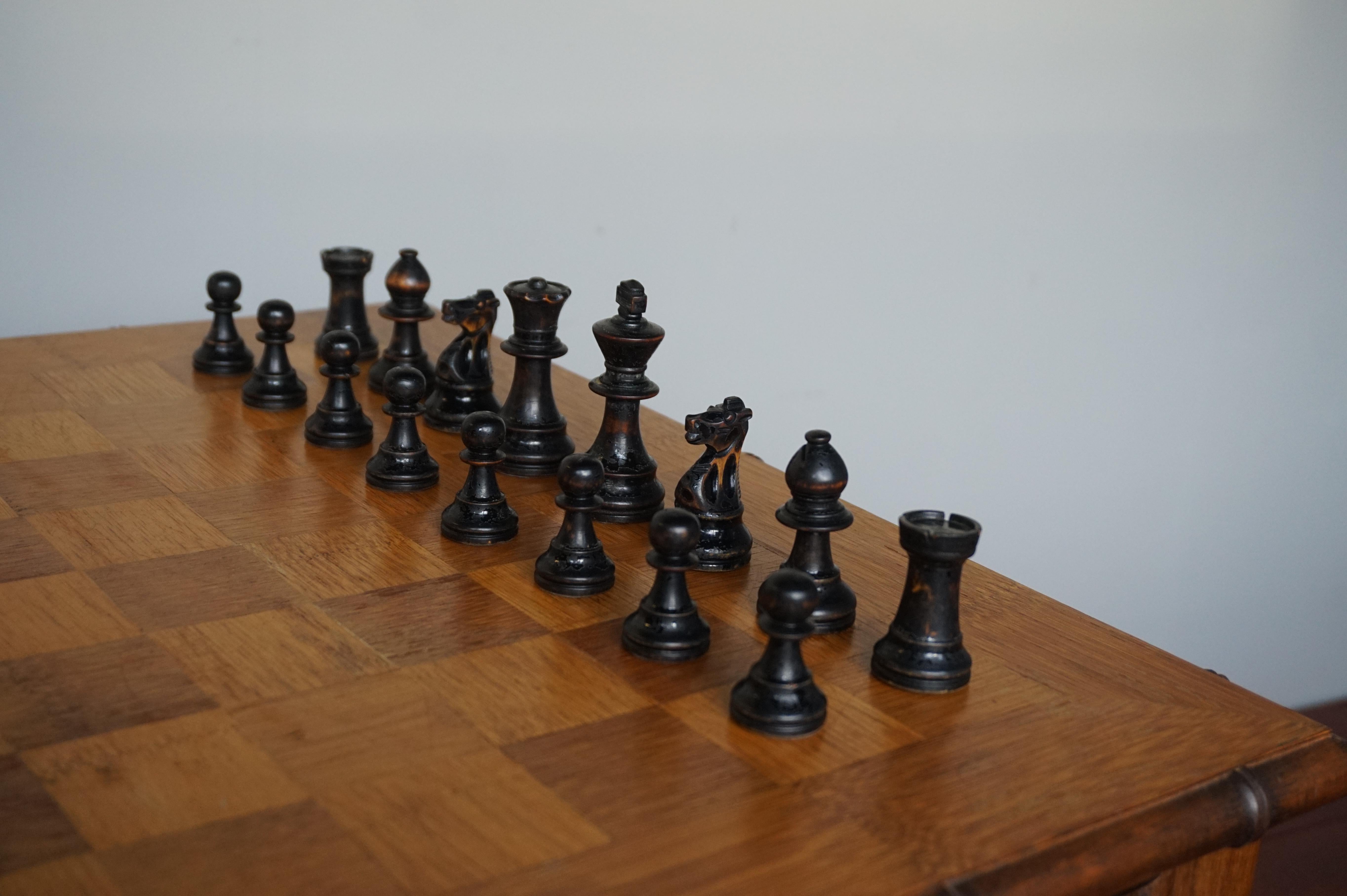 Arts and Crafts Rare & Superb Condition Midcentury Made Wooden Faux Bamboo Chess Table & Pieces