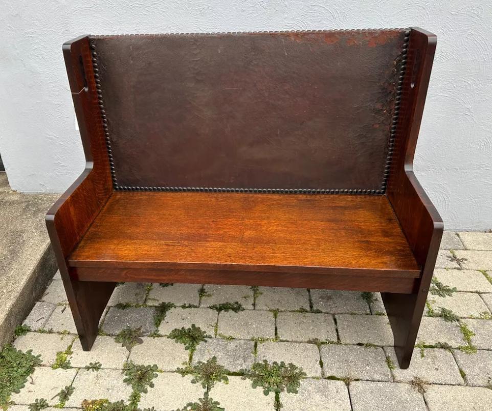 Rare SUPERB early Gustav Stickley hall bench with original leather and tacks .

This is a rare early Gustav Stickley Hall Bench with the original leather back. This model is from the early Gustav Stickley Period.  Most that you might see are from