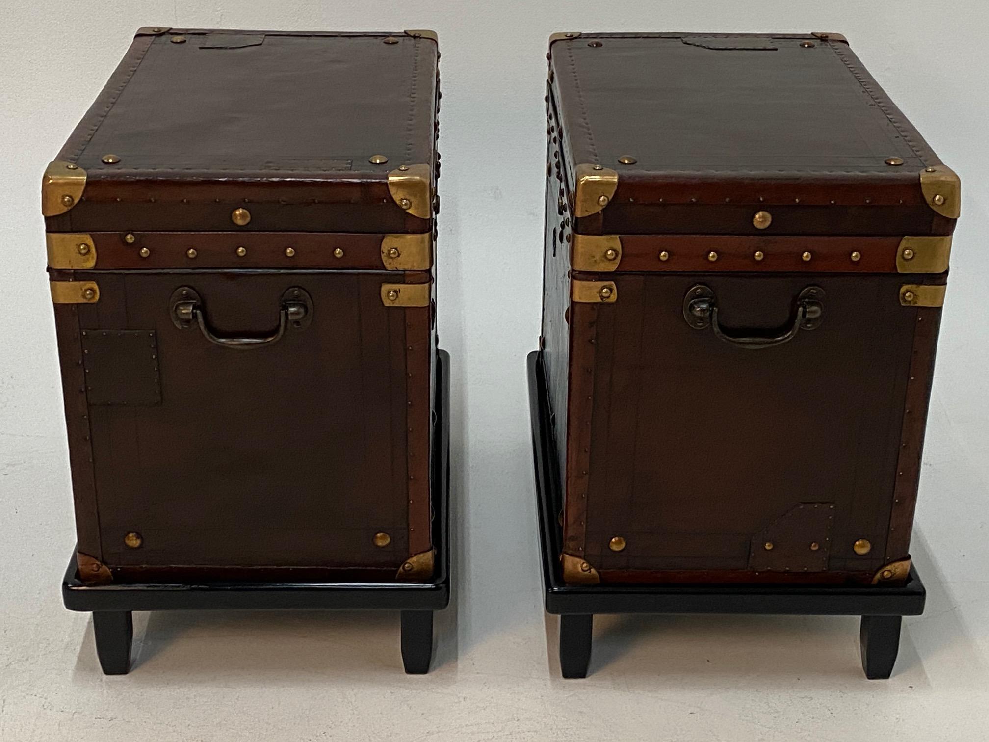 Rare Superb Pair of Leather Military Trunks on Stands with Brass Decoration 4