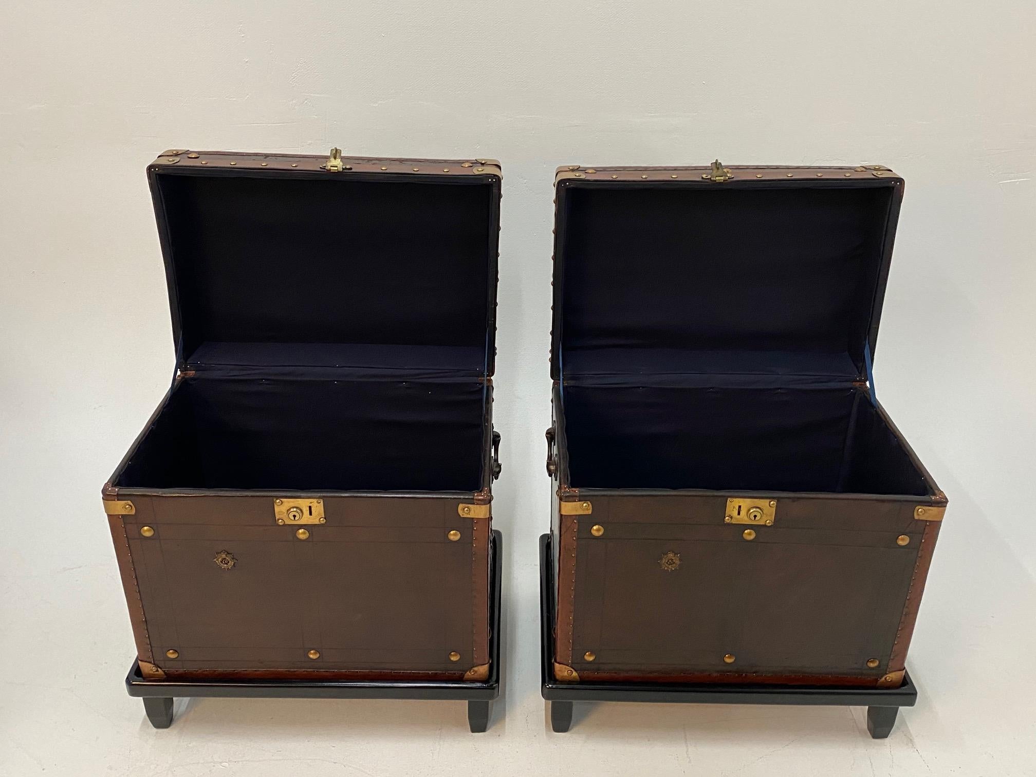 Rare Superb Pair of Leather Military Trunks on Stands with Brass Decoration 8