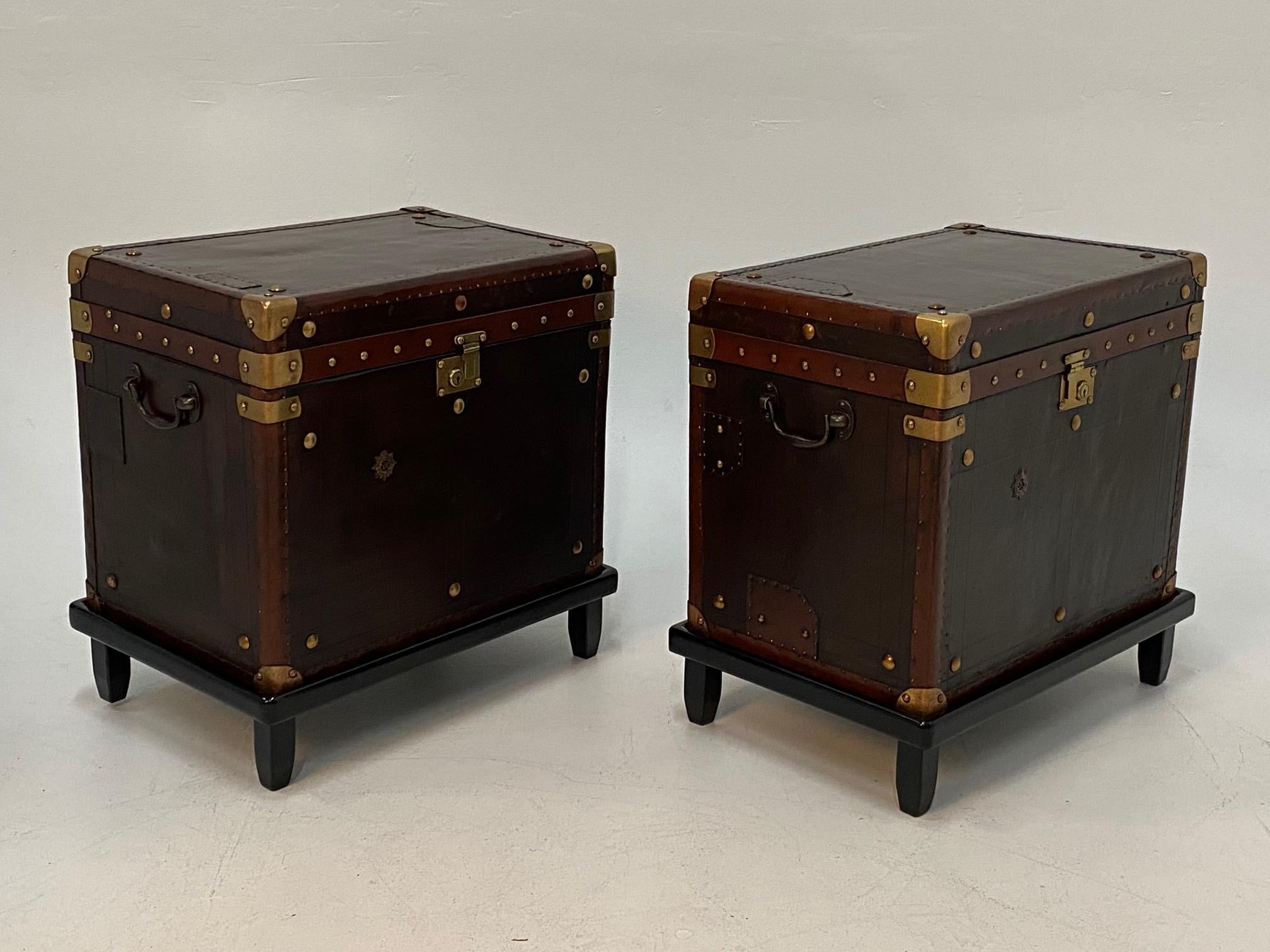 Rare Superb Pair of Leather Military Trunks on Stands with Brass Decoration 9