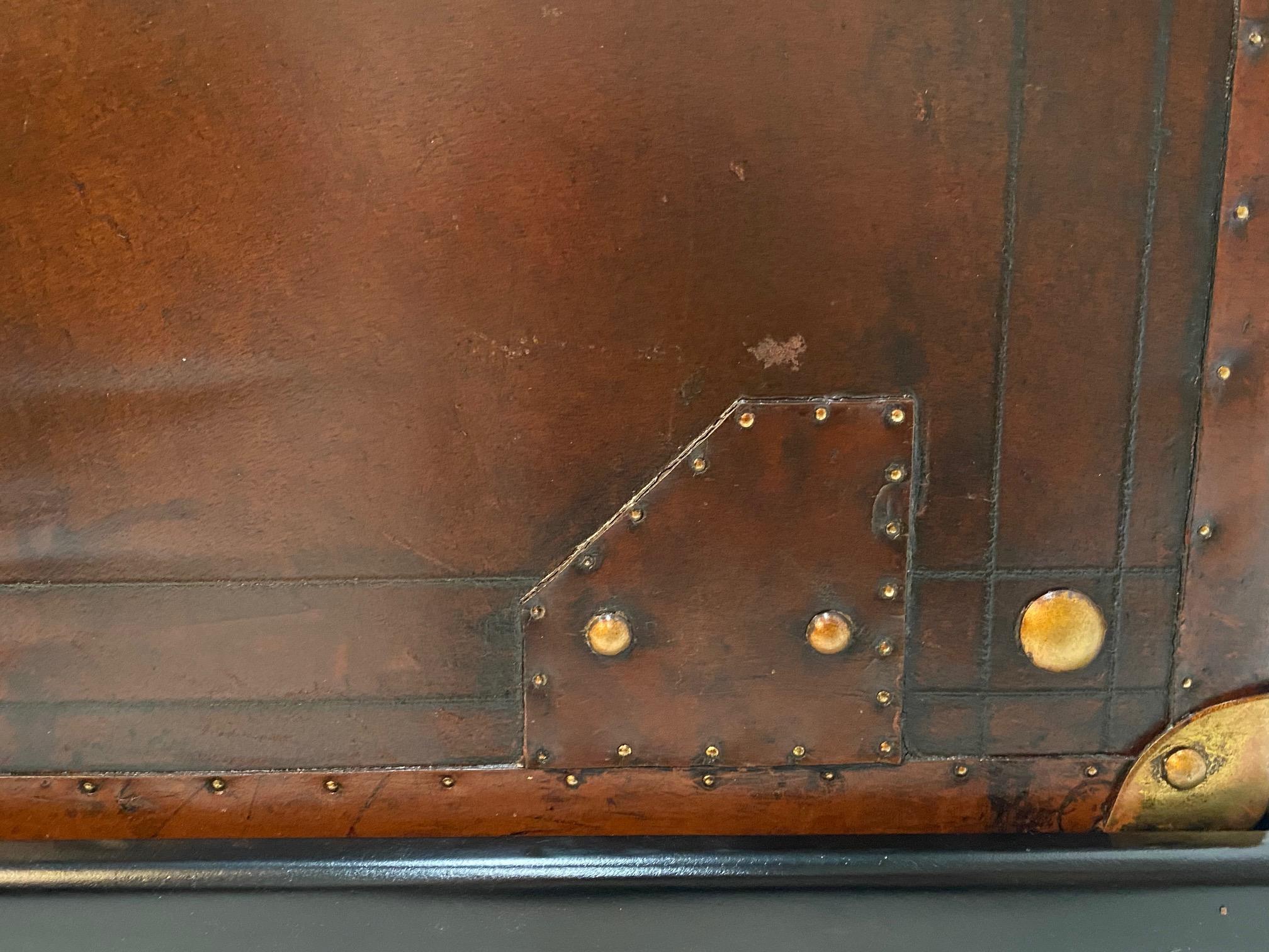 Mid-20th Century Rare Superb Pair of Leather Military Trunks on Stands with Brass Decoration