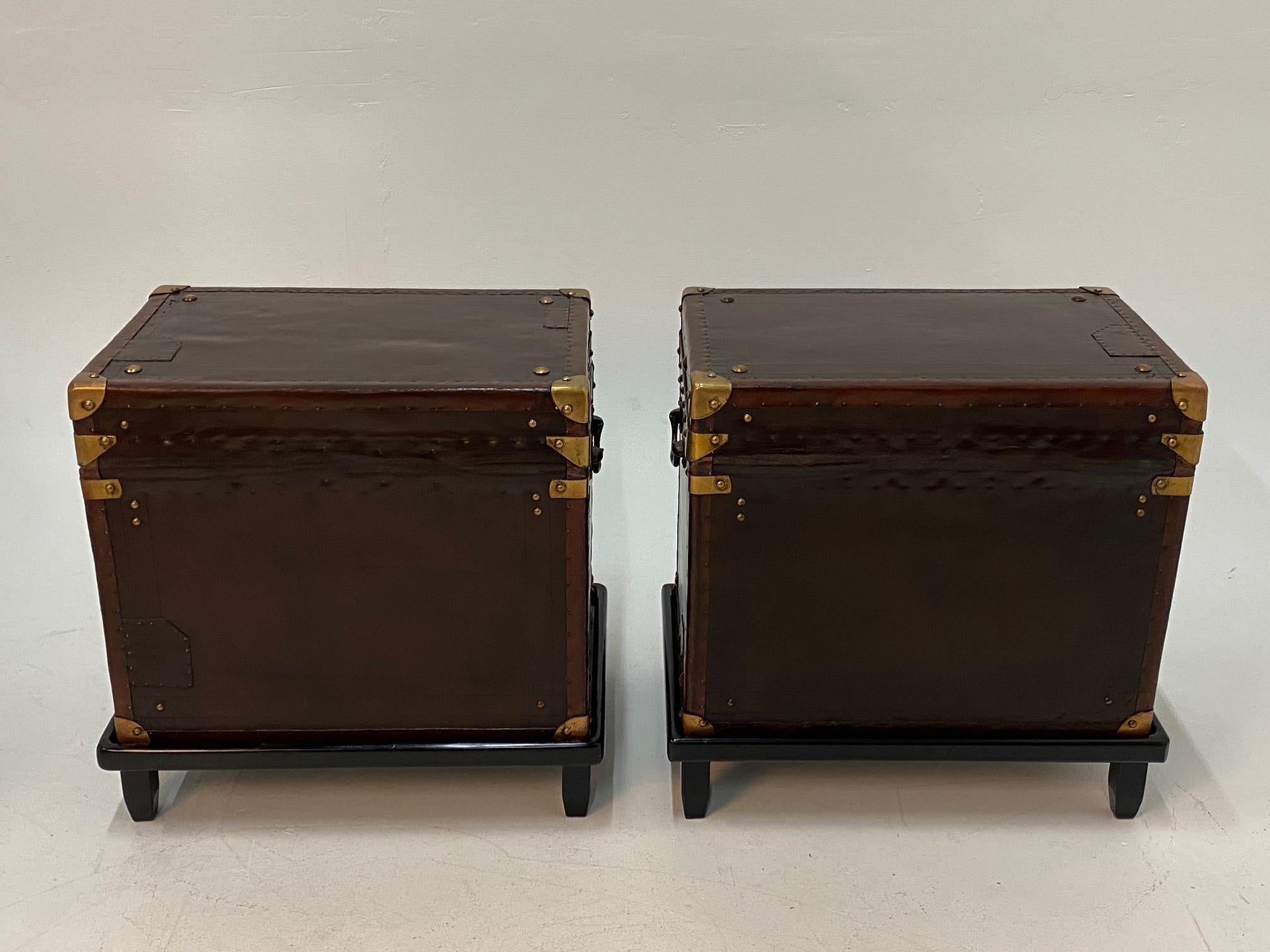 Rare Superb Pair of Leather Military Trunks on Stands with Brass Decoration 1