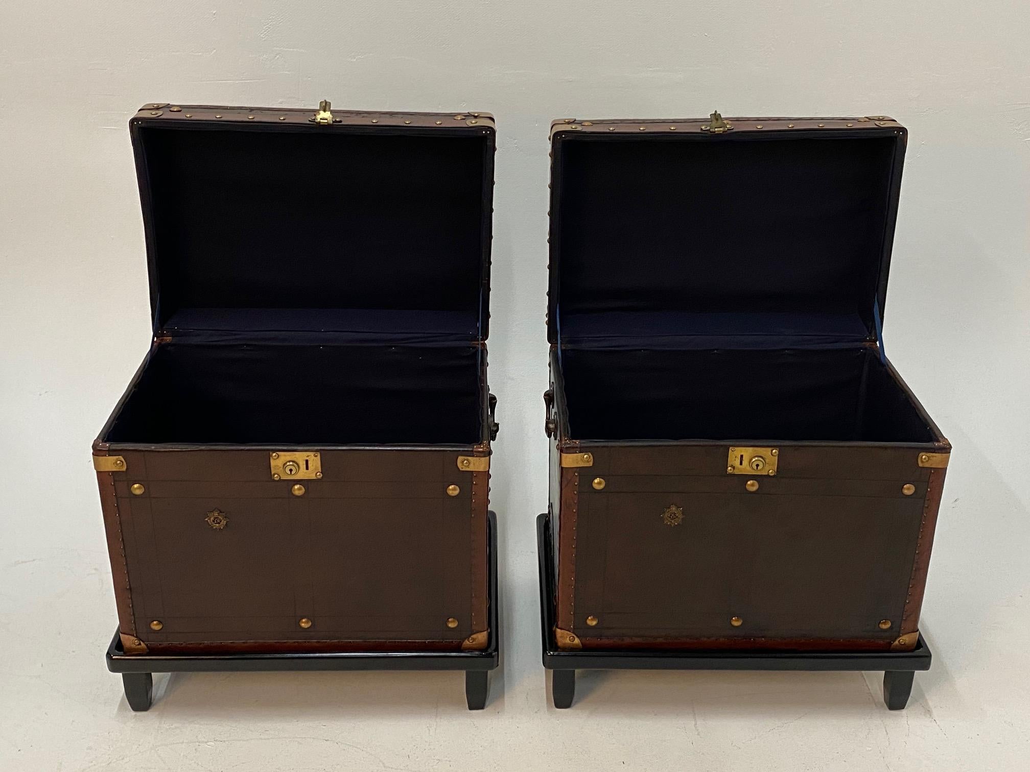 Rare Superb Pair of Leather Military Trunks on Stands with Brass Decoration 3