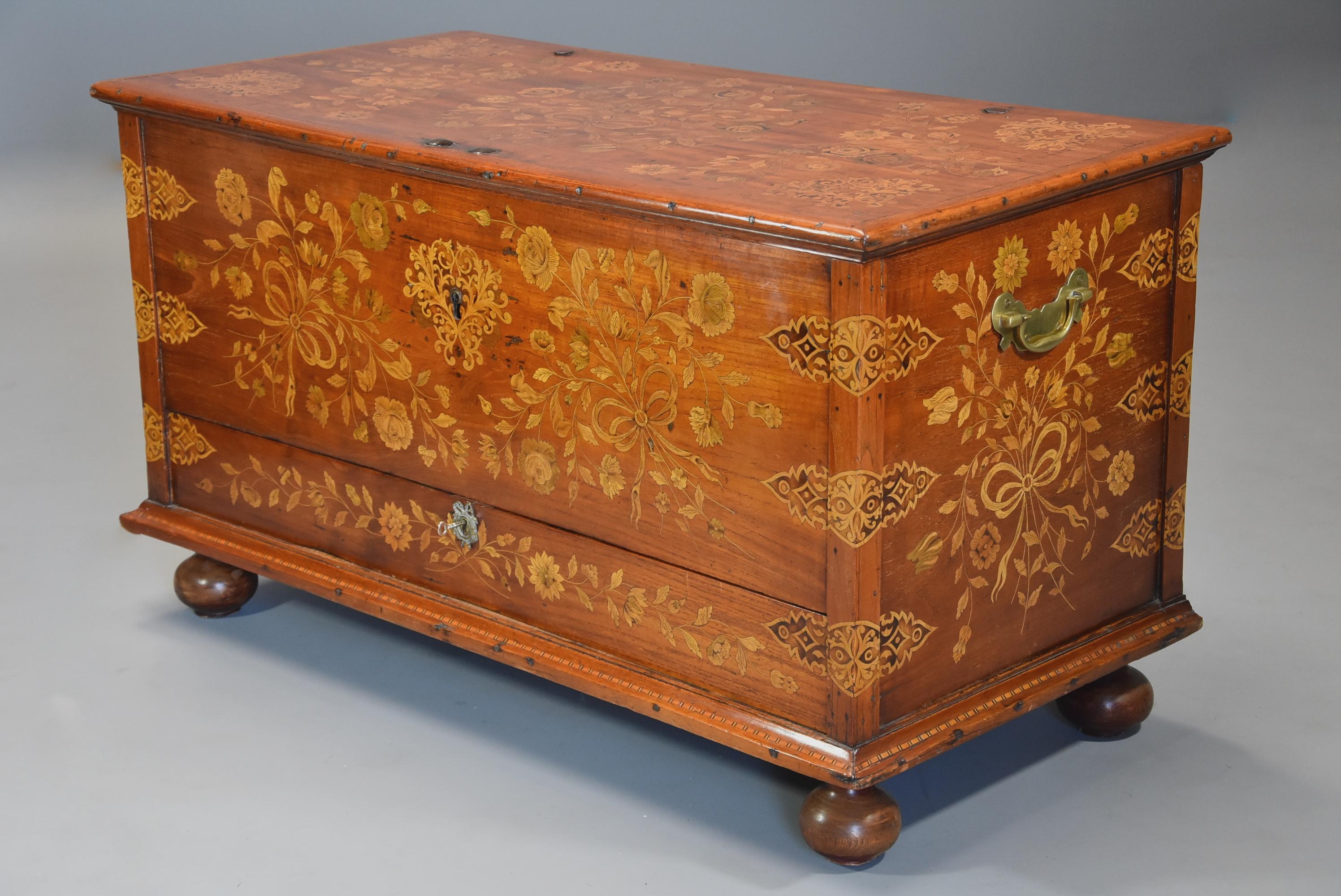 Rare Superb Quality Mid-19th Century Continental Floral Marquetry Teak Chest In Good Condition In Suffolk, GB