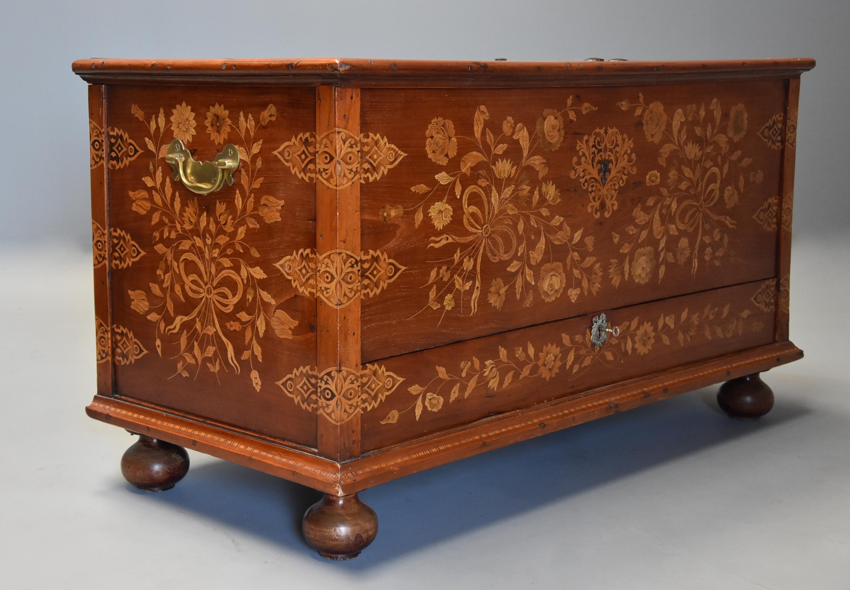 Rare Superb Quality Mid-19th Century Continental Floral Marquetry Teak Chest 1
