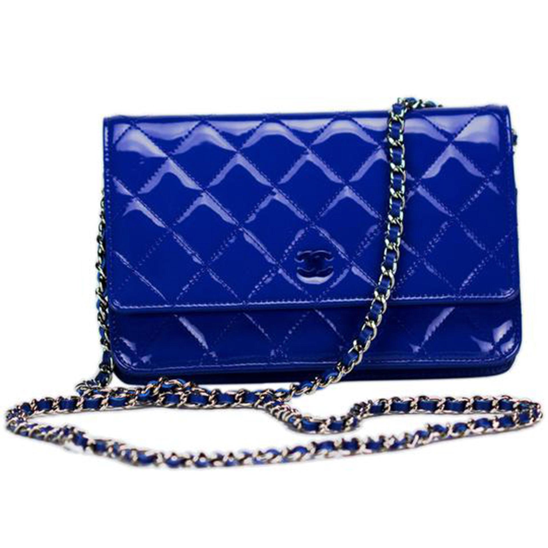 Rare Superman Blue Brand New Chanel 2014 Wallet on Chain WOC Patent Leather Bag For Sale 2