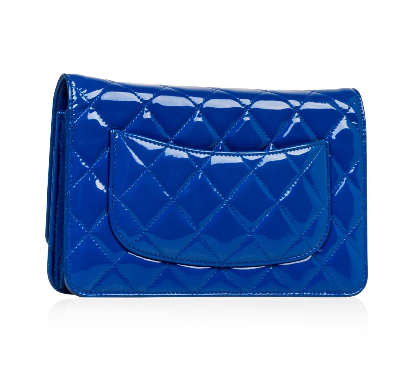 Women's or Men's Rare Superman Blue Brand New Chanel 2014 Wallet on Chain WOC Patent Leather Bag For Sale