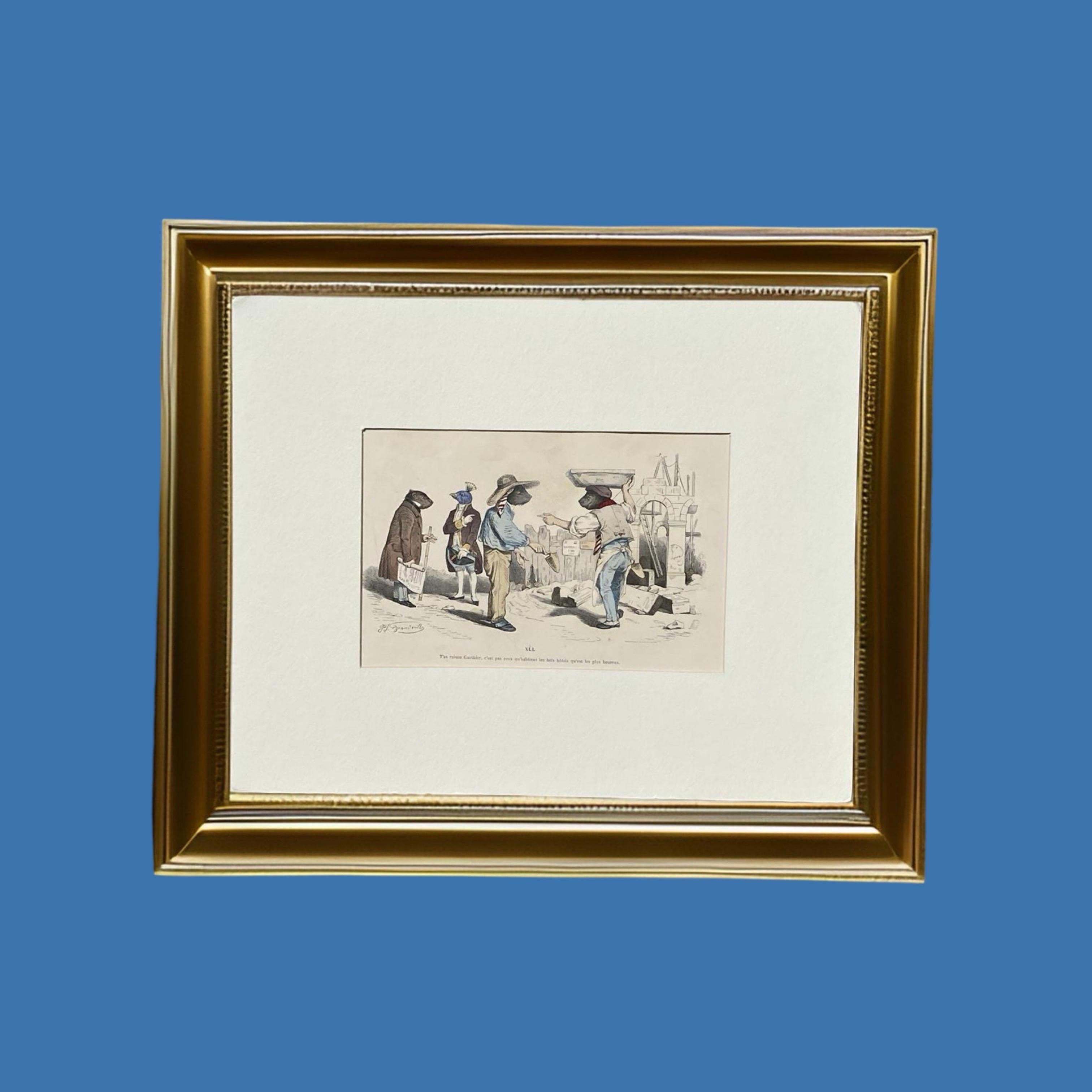 Rare gravure surréaliste en cuivre colorée à la main d'un animal JJ Grandville, Paris 1875 en vente 2
