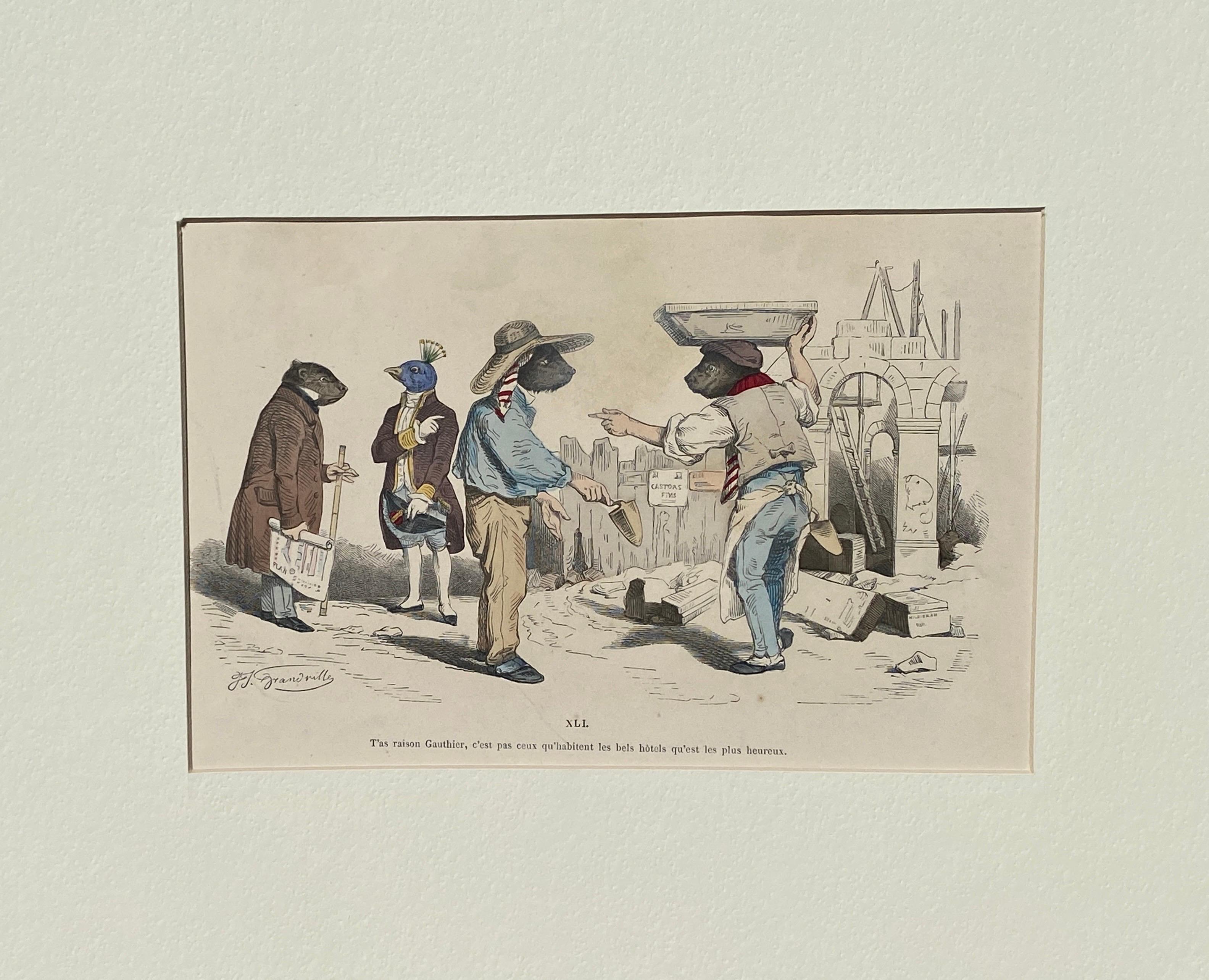 Français Rare gravure surréaliste en cuivre colorée à la main d'un animal JJ Grandville, Paris 1875 en vente