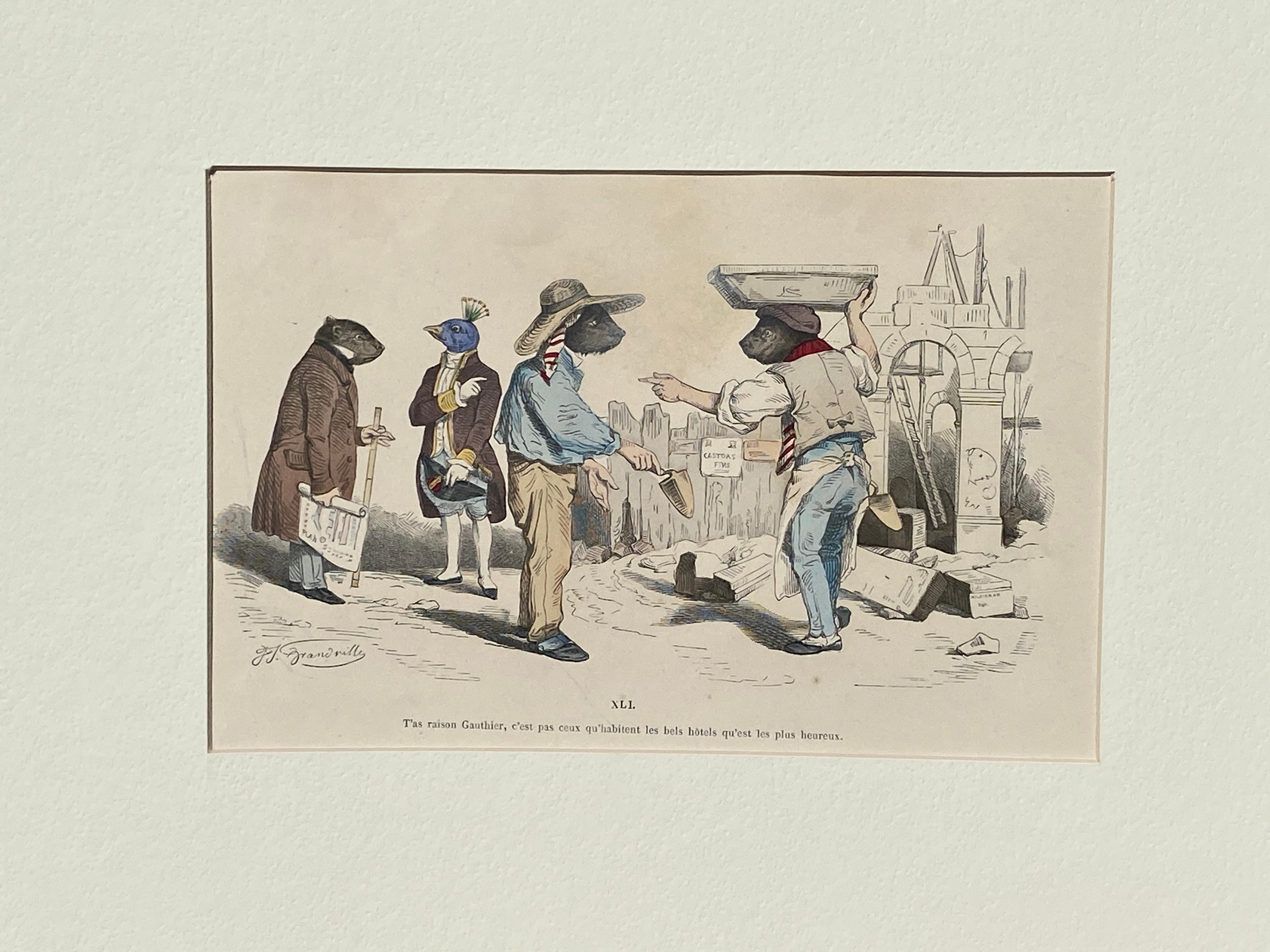 Fait main Rare gravure surréaliste en cuivre colorée à la main d'un animal JJ Grandville, Paris 1875 en vente
