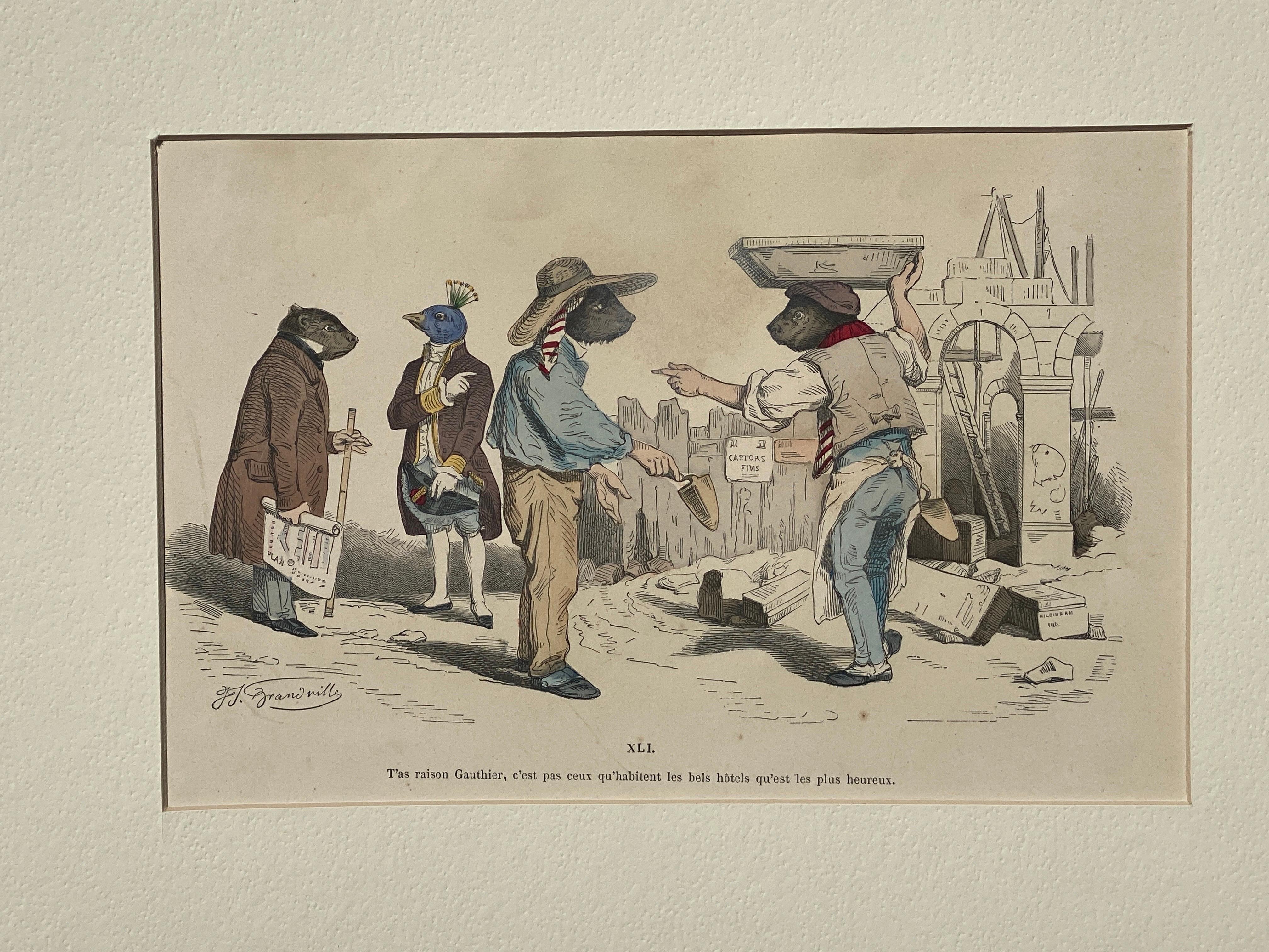 Rare gravure surréaliste en cuivre colorée à la main d'un animal JJ Grandville, Paris 1875 Bon état - En vente à Palm Springs, CA