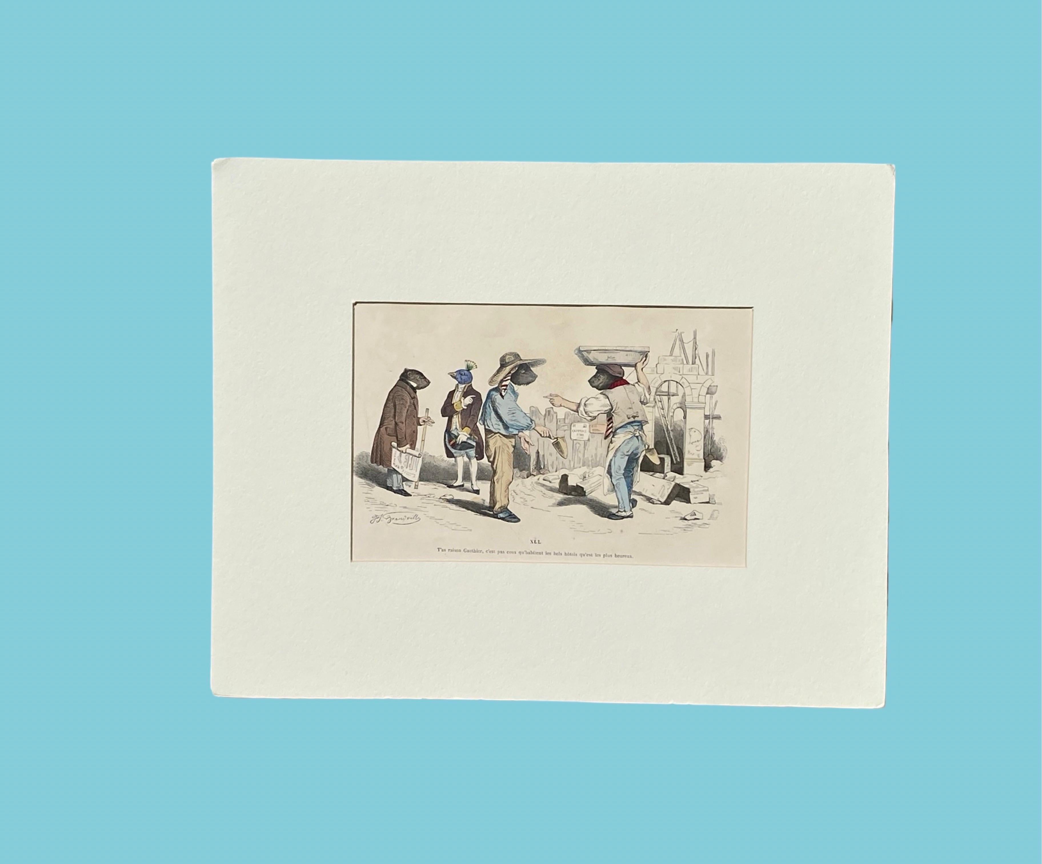 XIXe siècle Rare gravure surréaliste en cuivre colorée à la main d'un animal JJ Grandville, Paris 1875 en vente