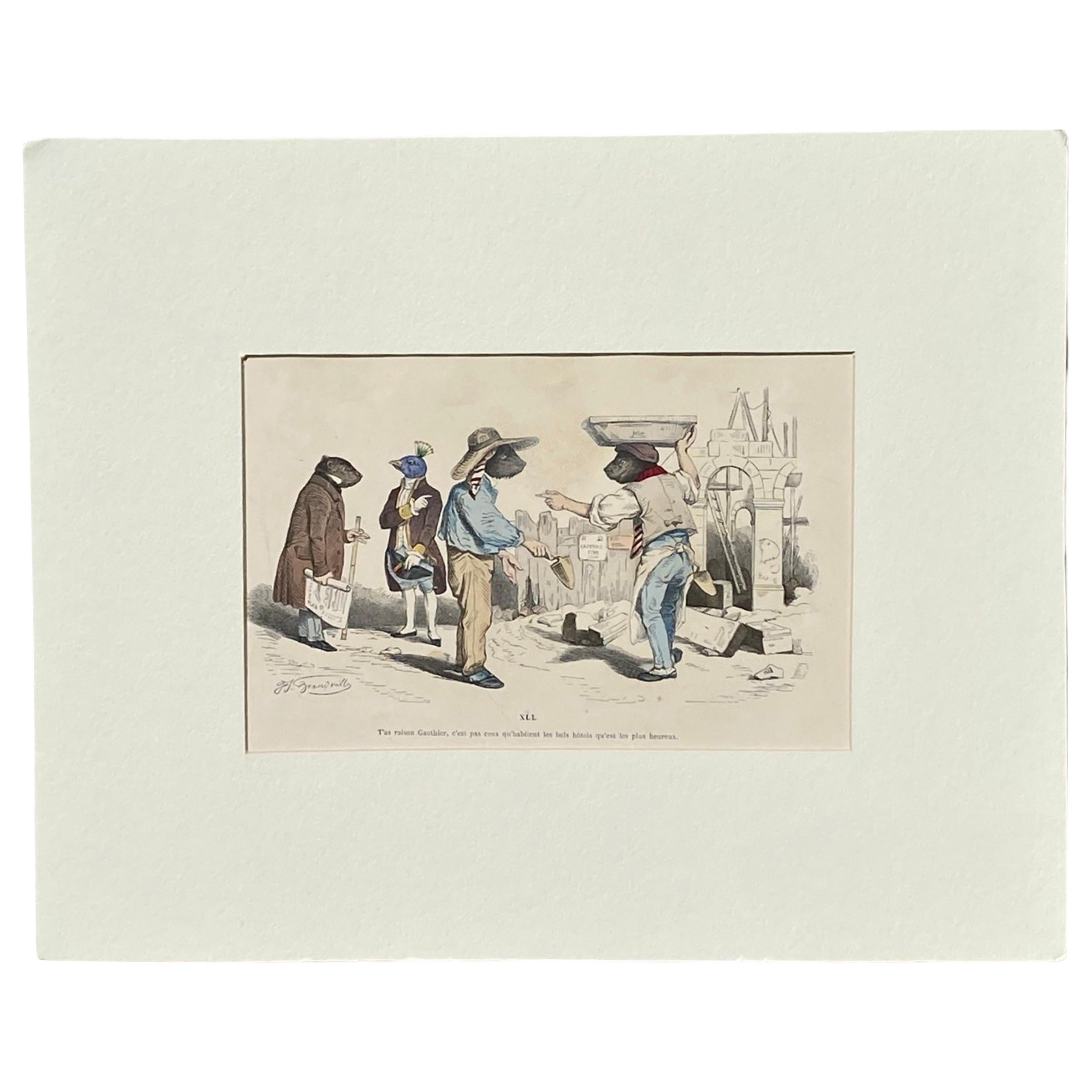 Seltener surrealistischer handkolorierter Tier- Kupferstich mit Kupferstich JJ Grandville, Paris 1875