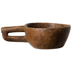 Rare Swedish Antique Wooden Bowl Made by Hand in Birch Root with a Carved Handle