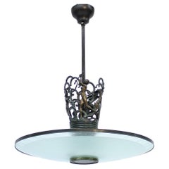 Rare Swedish Grace bronze and frosted glass chandelier, 1920s