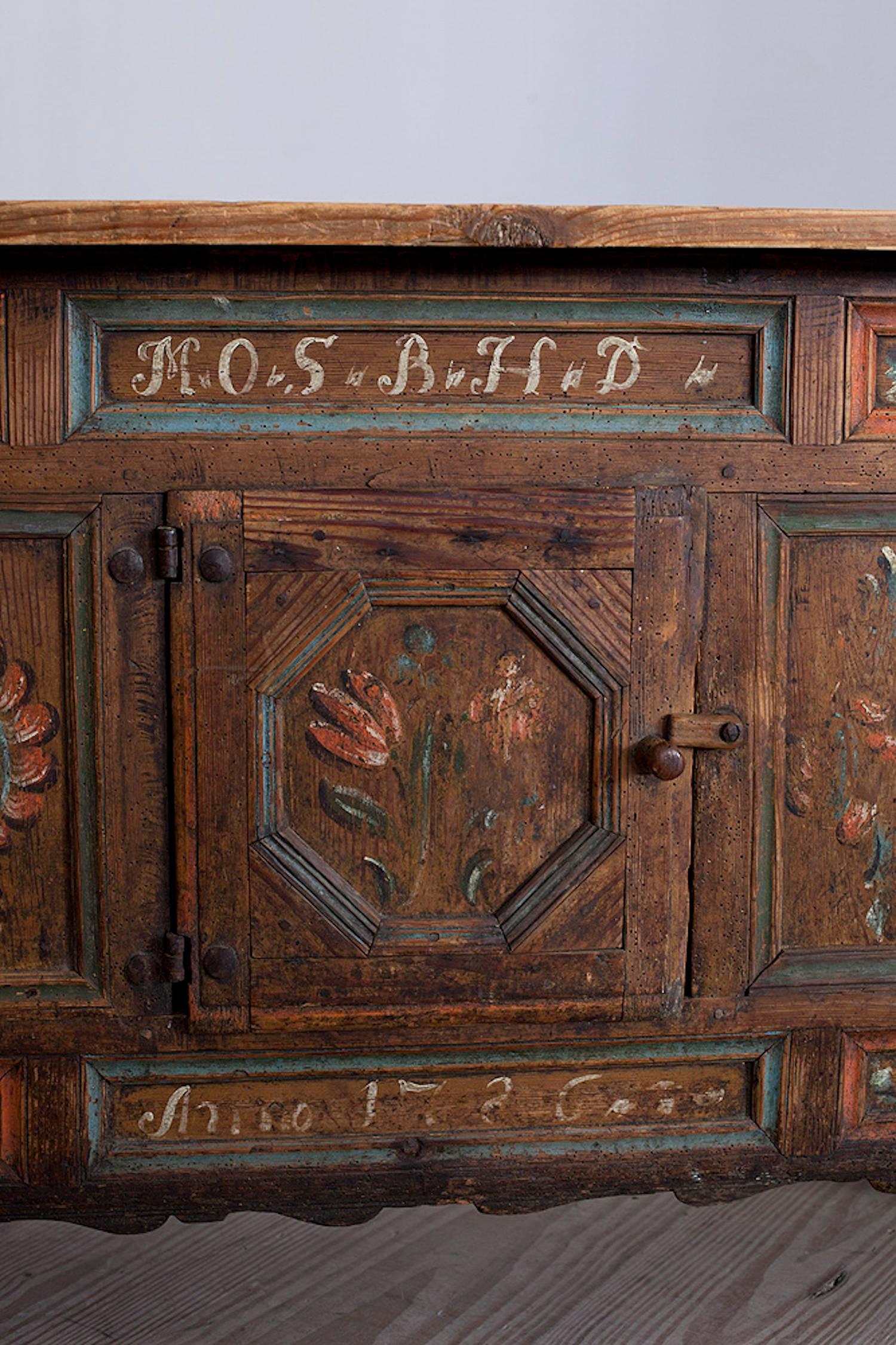 Folk Art Rare Swedish Kistbord Med Dörr, 18th Century Sideboard, Inscribed and Dated 1786