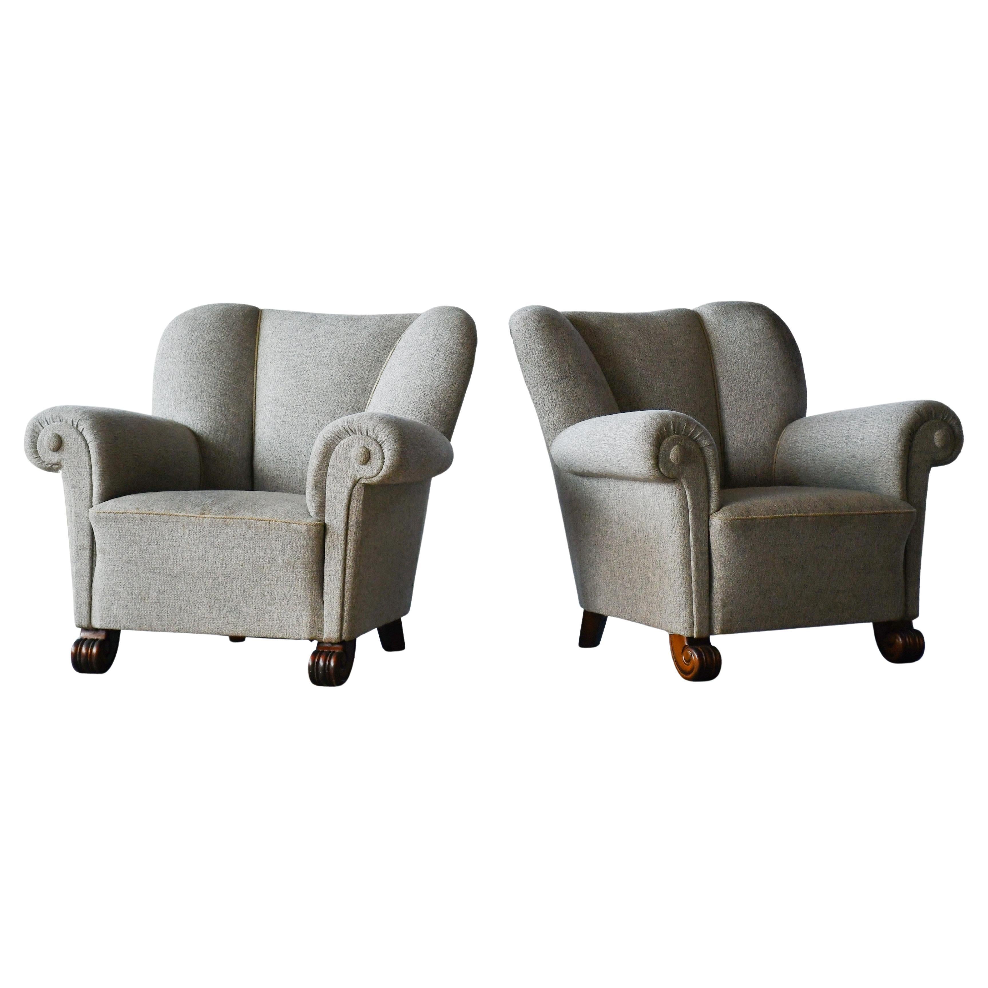 Rare Swedish Lounge Chairs by Tor Wolfenstein, Stained Oak, 1940s For Sale