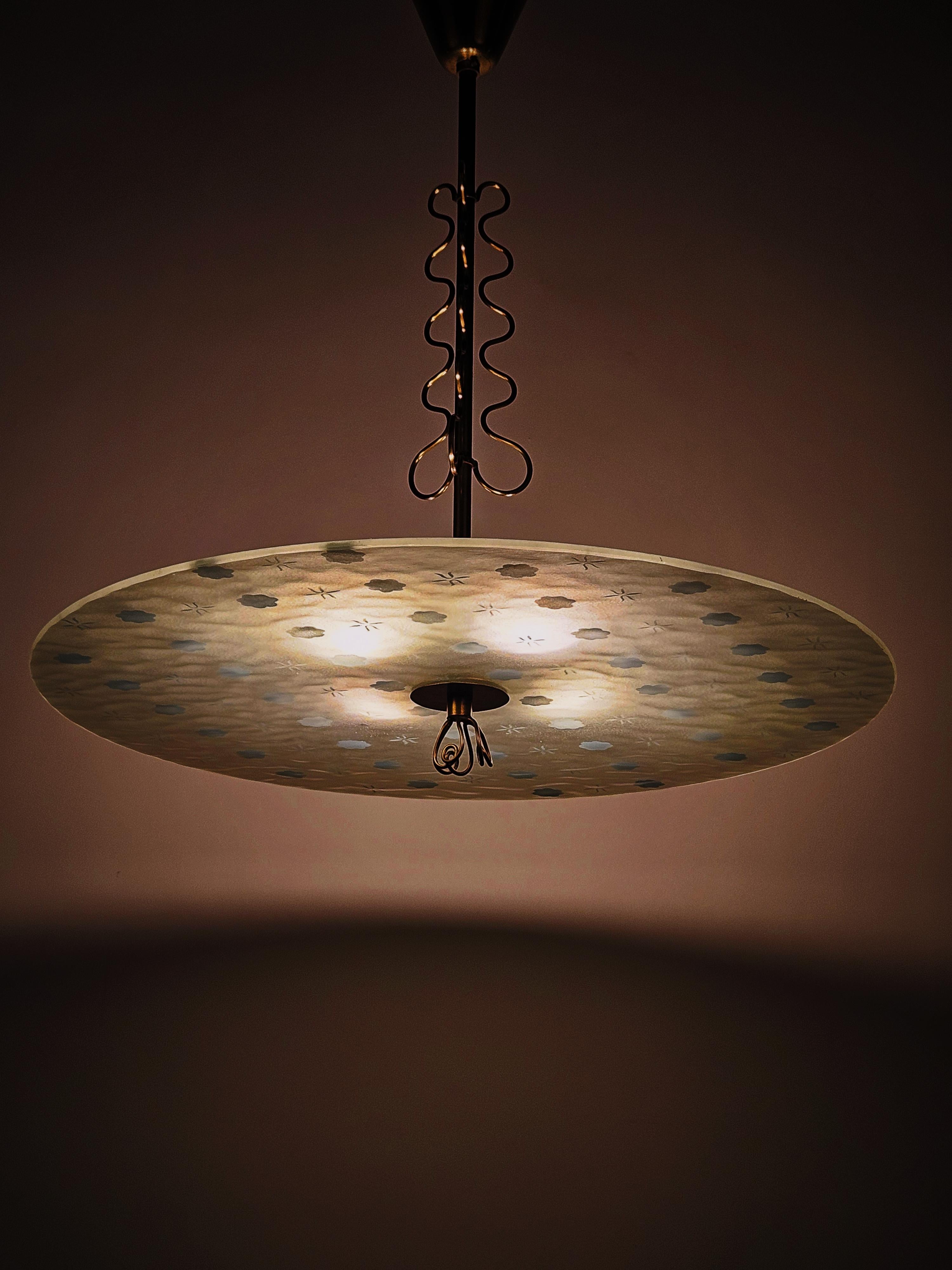 Rare Swedish Modern ceiling lamp, brass and glass, 1940s For Sale 1