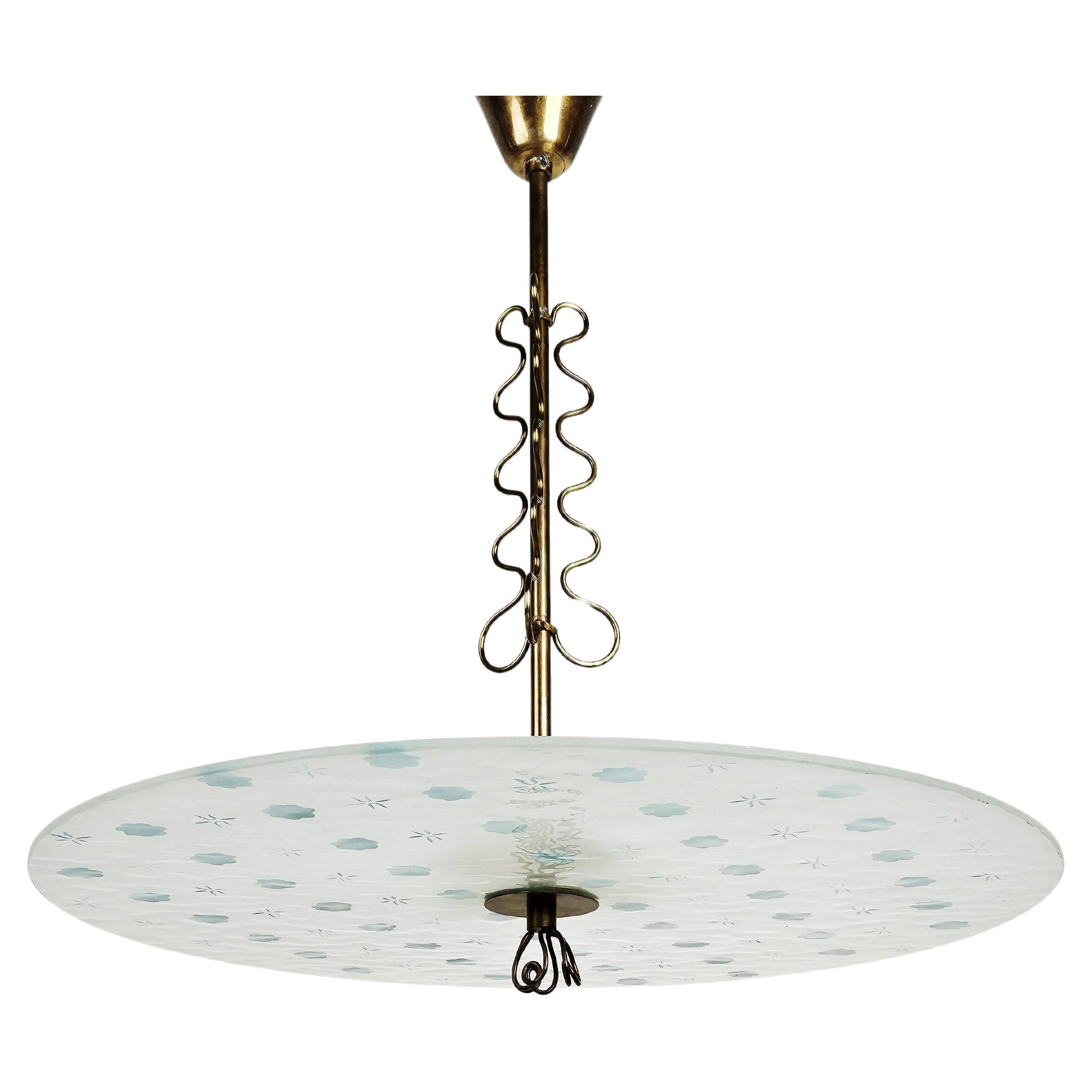 Rare Swedish Modern ceiling lamp, brass and glass, 1940s For Sale