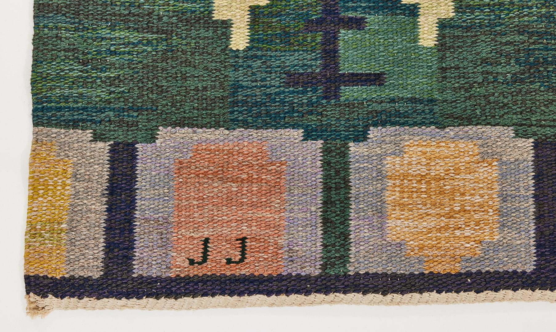 Seltener schwedischer Flachgewebe-Wollteppich „Skogsbryn“ von Judith Johansson, Vintage  (Skandinavische Moderne) im Angebot
